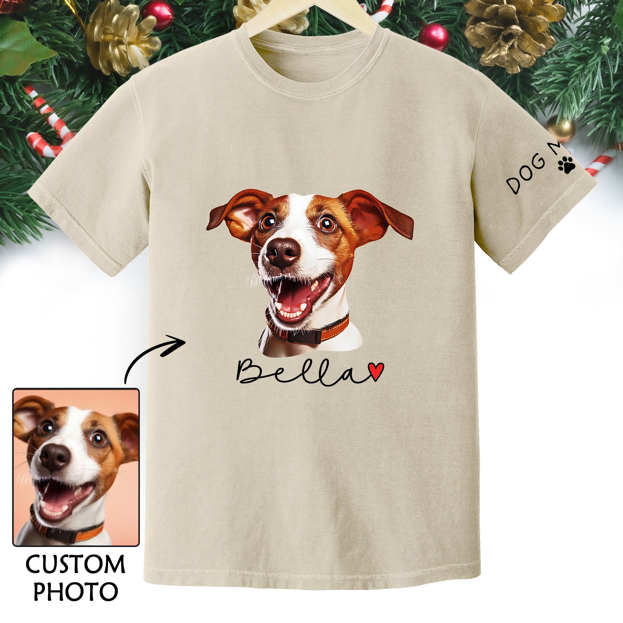 Dog Mom Christmas Shirt – Custom Pet Portrait Tee, Personalized Holiday Gift for Women