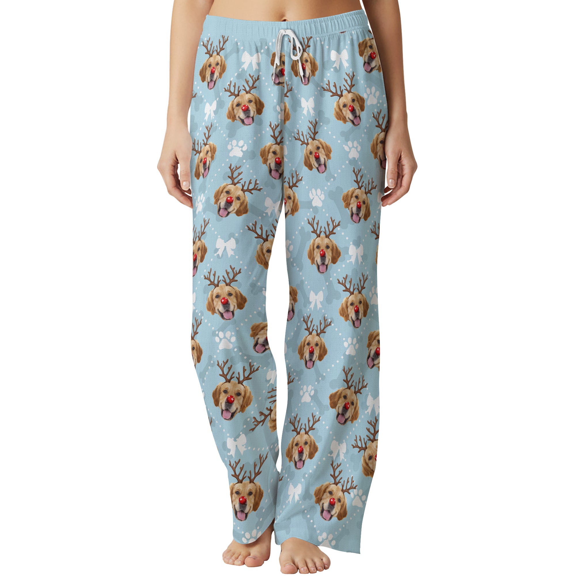 Custom Reindeer Pet Photo Pajama Pants – Personalized Dog Pattern Holiday Sleepwear