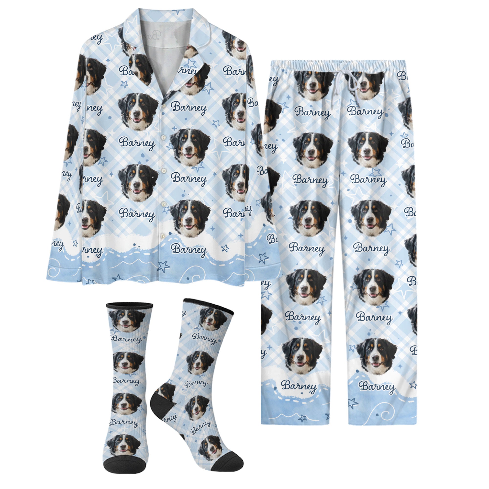 Custom Pet Portrait Pajamas – Dog Print Top, Pants & Socks