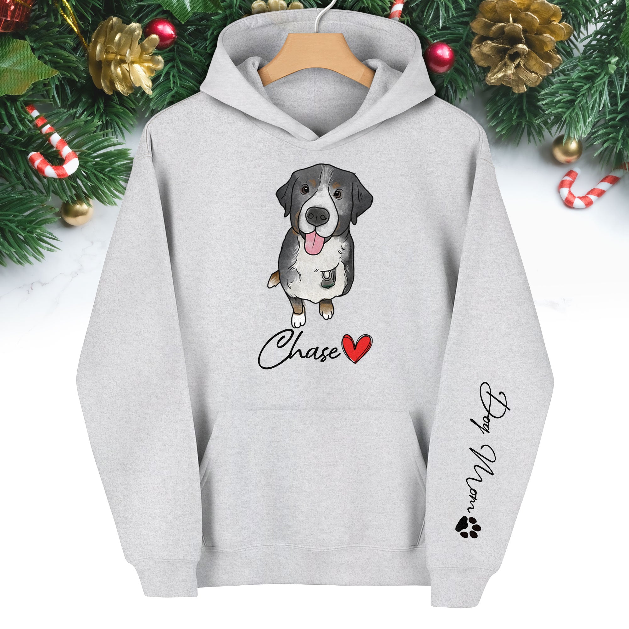 Custom Pet Portrait Hoodie– Dog Name Printed with Heart, Perfect Gift for Dog Lovers