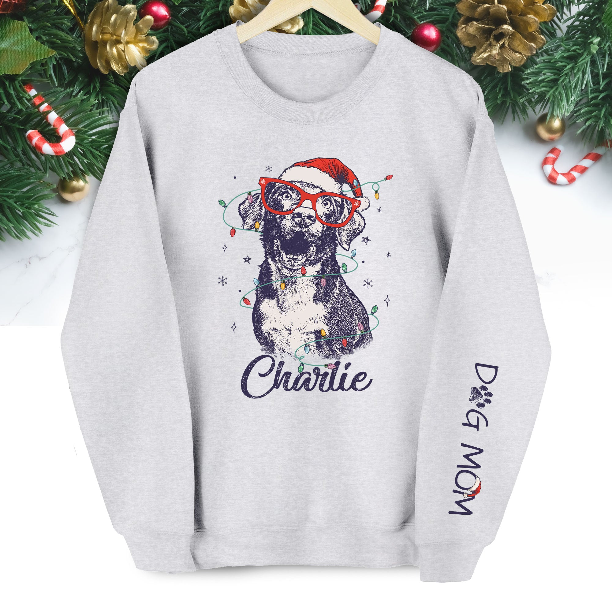 Custom Christmas Pet Portrait Sweatshirt – Personalized Dog Mom Gift – Holiday Pet Illustration