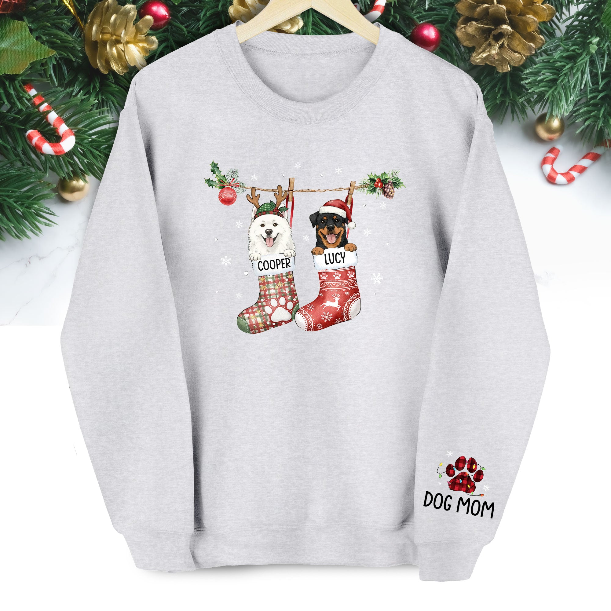 Custom Pet Christmas Stocking Sweatshirt – Personalized Two Dogs Holiday Crewneck Gift for Dog Moms