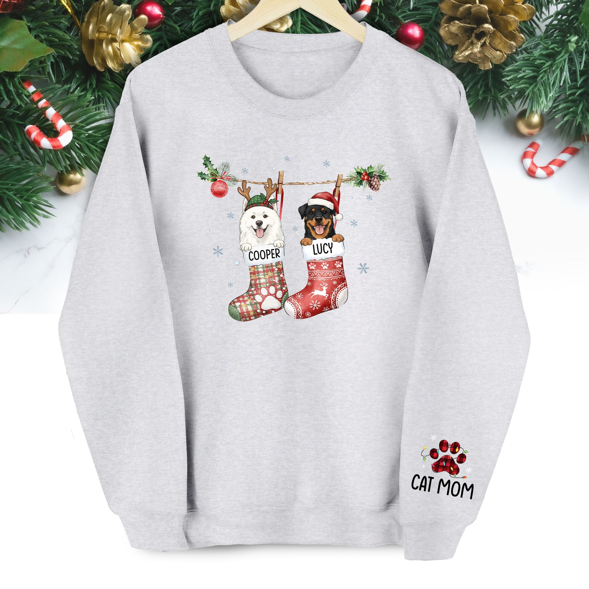 Custom Cats Christmas Sweatshirt – Personalized Pet Stocking Holiday Gift for Cat Moms