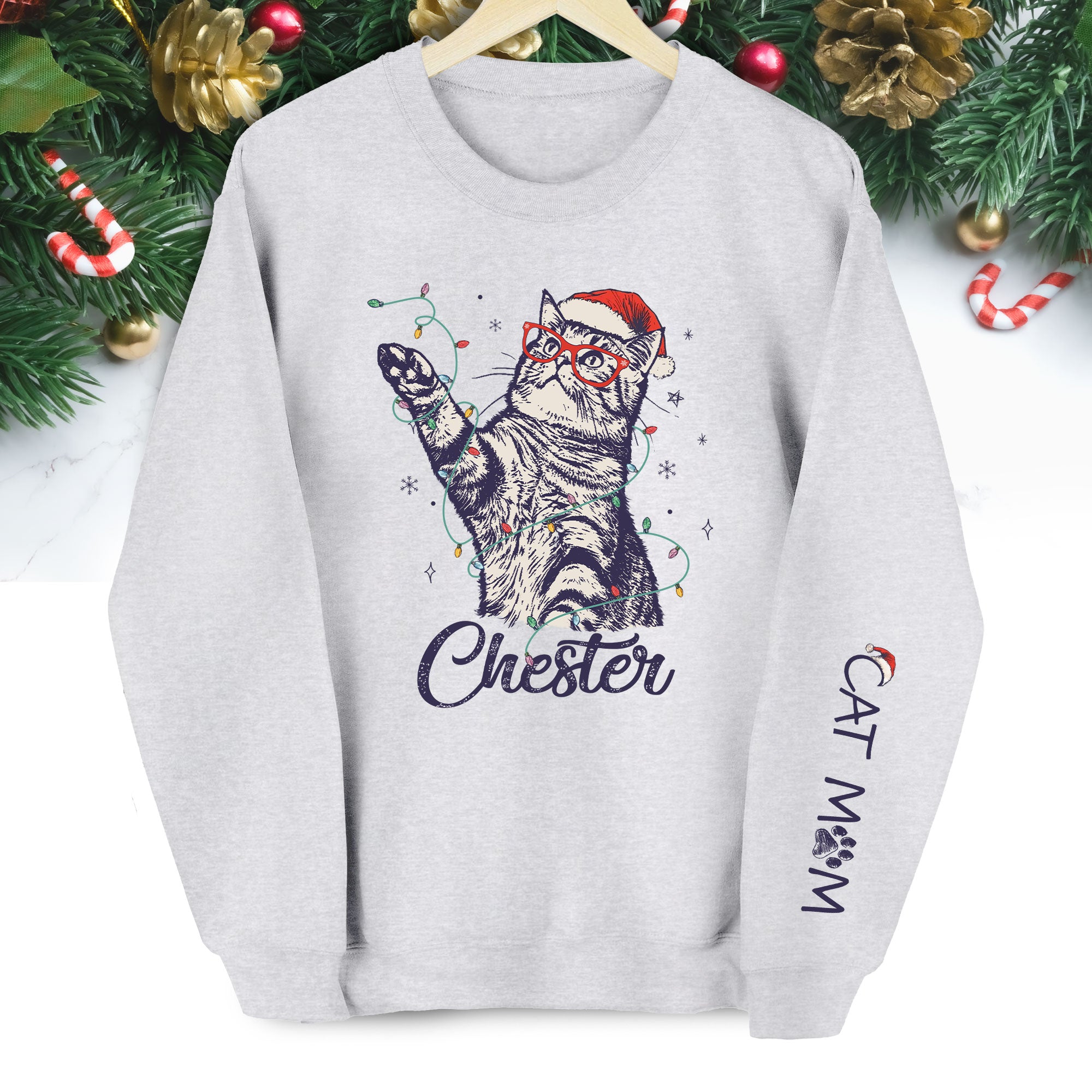 Custom Cat Christmas Sweatshirt, Personalized Pet Portrait Holiday Gift for Cat Moms
