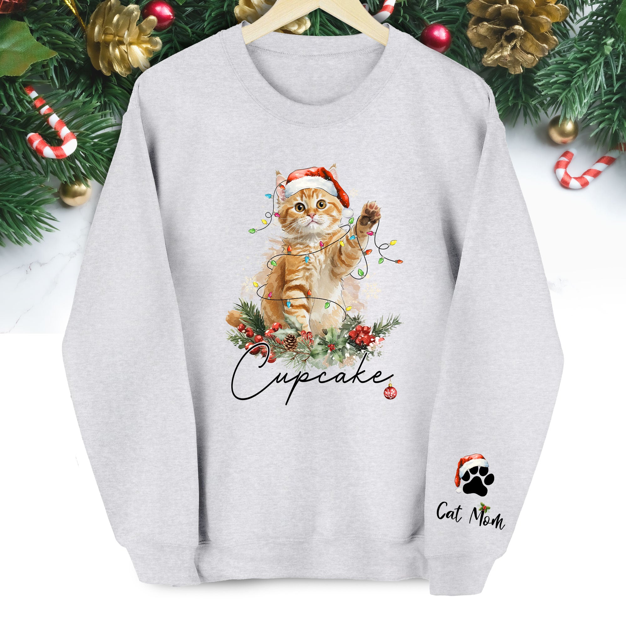 Custom Cat Christmas Sweatshirt – Personalized Holiday Pet Portrait Gift for Cat Moms