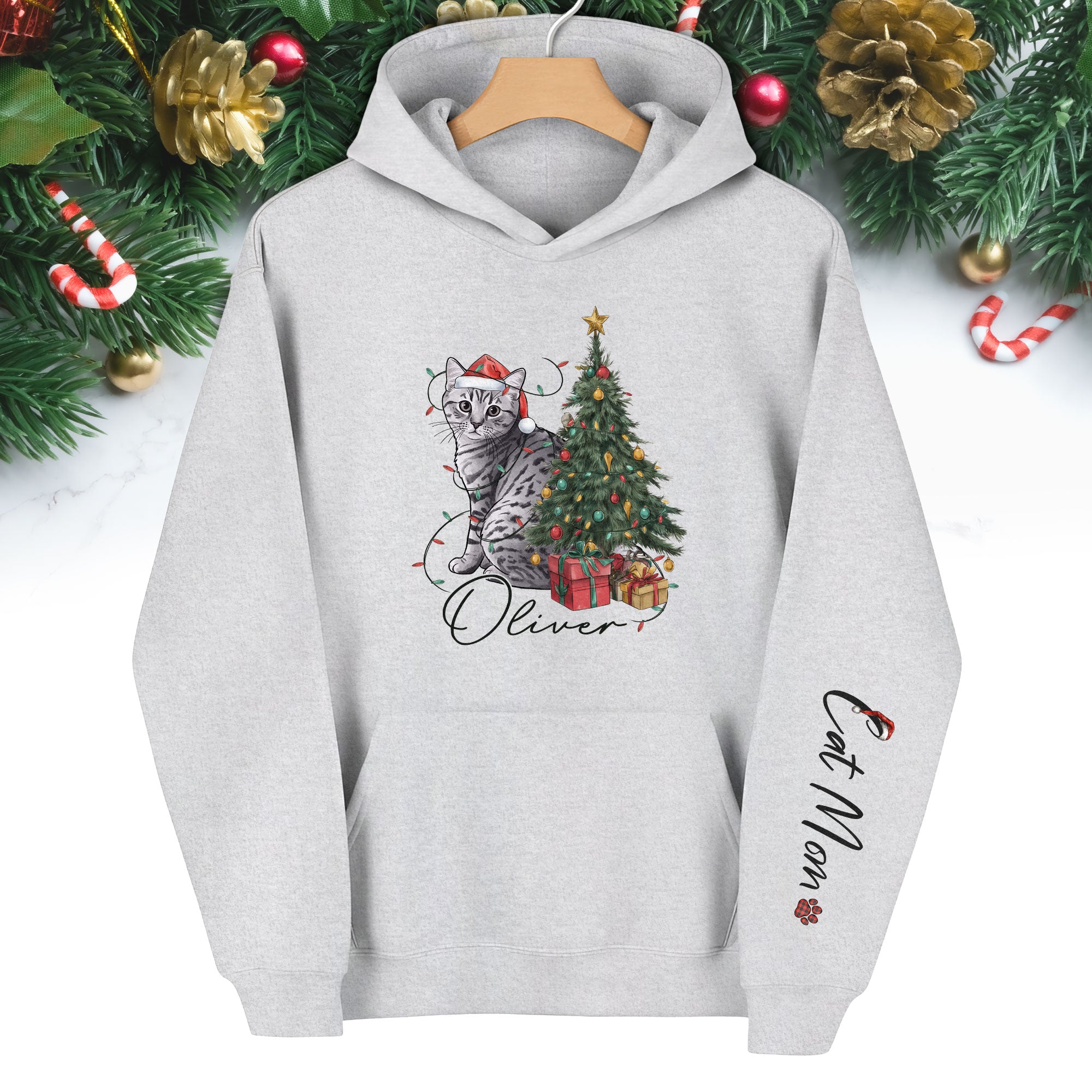 Personalized Cat Mom Christmas Hoodie – Custom Pet Photo Hoodie with Cat Name, Holiday Gift for Cat Lovers