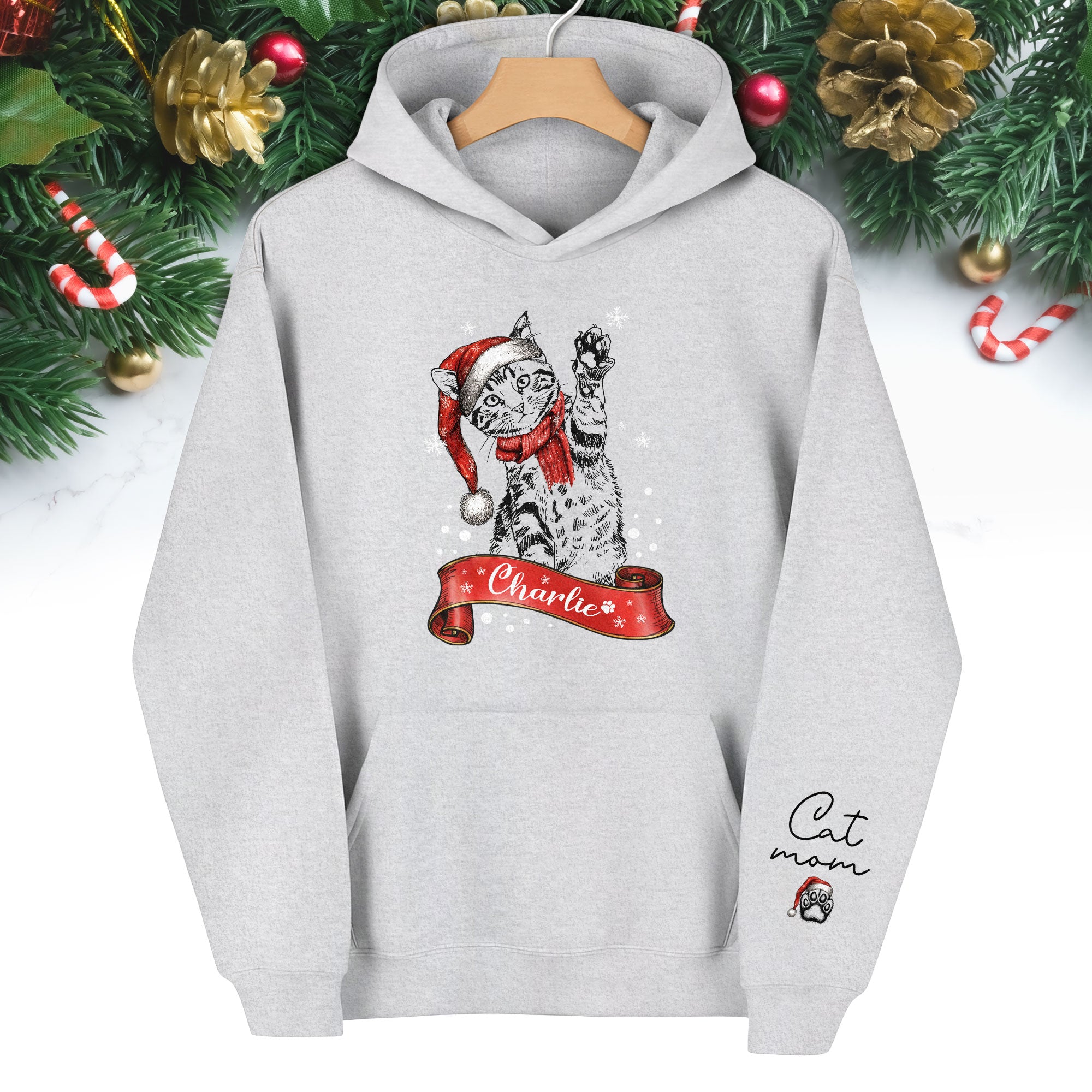 Custom Cat Mom Christmas Hoodie – Personalized Cat Photo Hoodie with Pet Name, Holiday Gift for Cat Lovers