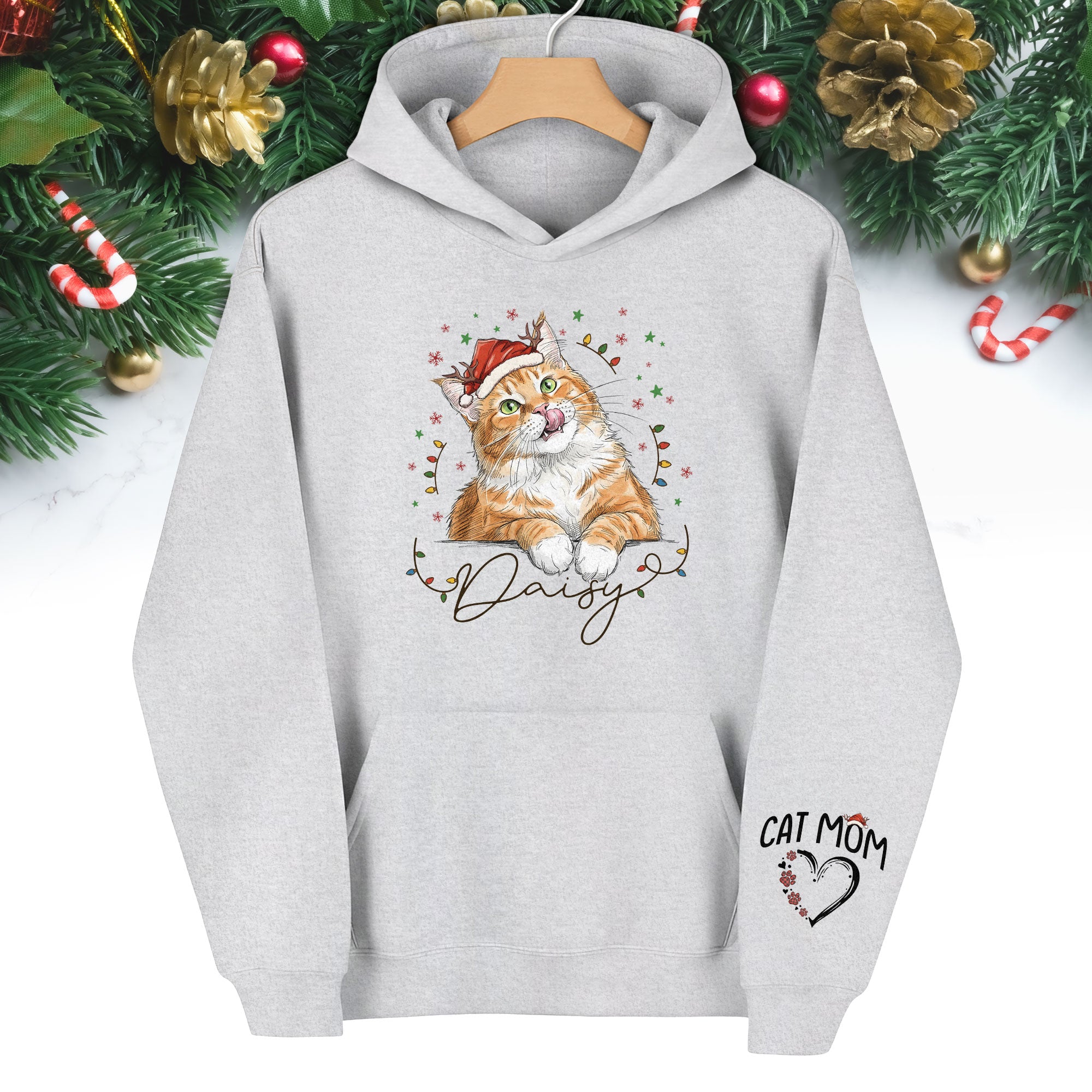 Personalized Cat Mom Christmas Hoodie – Custom Cat Photo Hoodie with Pet Name, Cute Holiday Gift for Cat Lovers