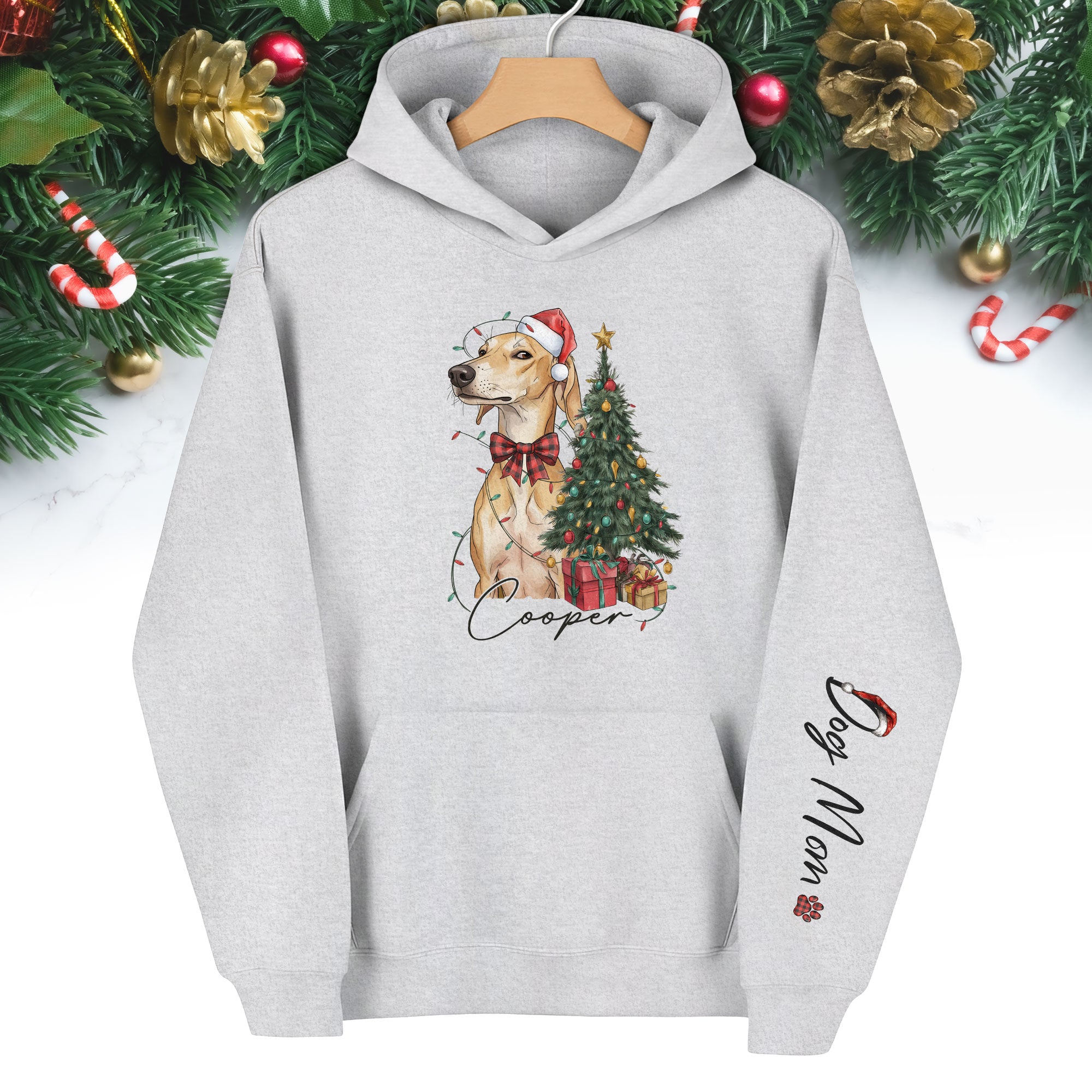 Personalized Dog Mom Christmas Hoodie, Custom Dog Photo Hoodie with Pet Name, Holiday Gift for Pet Lovers