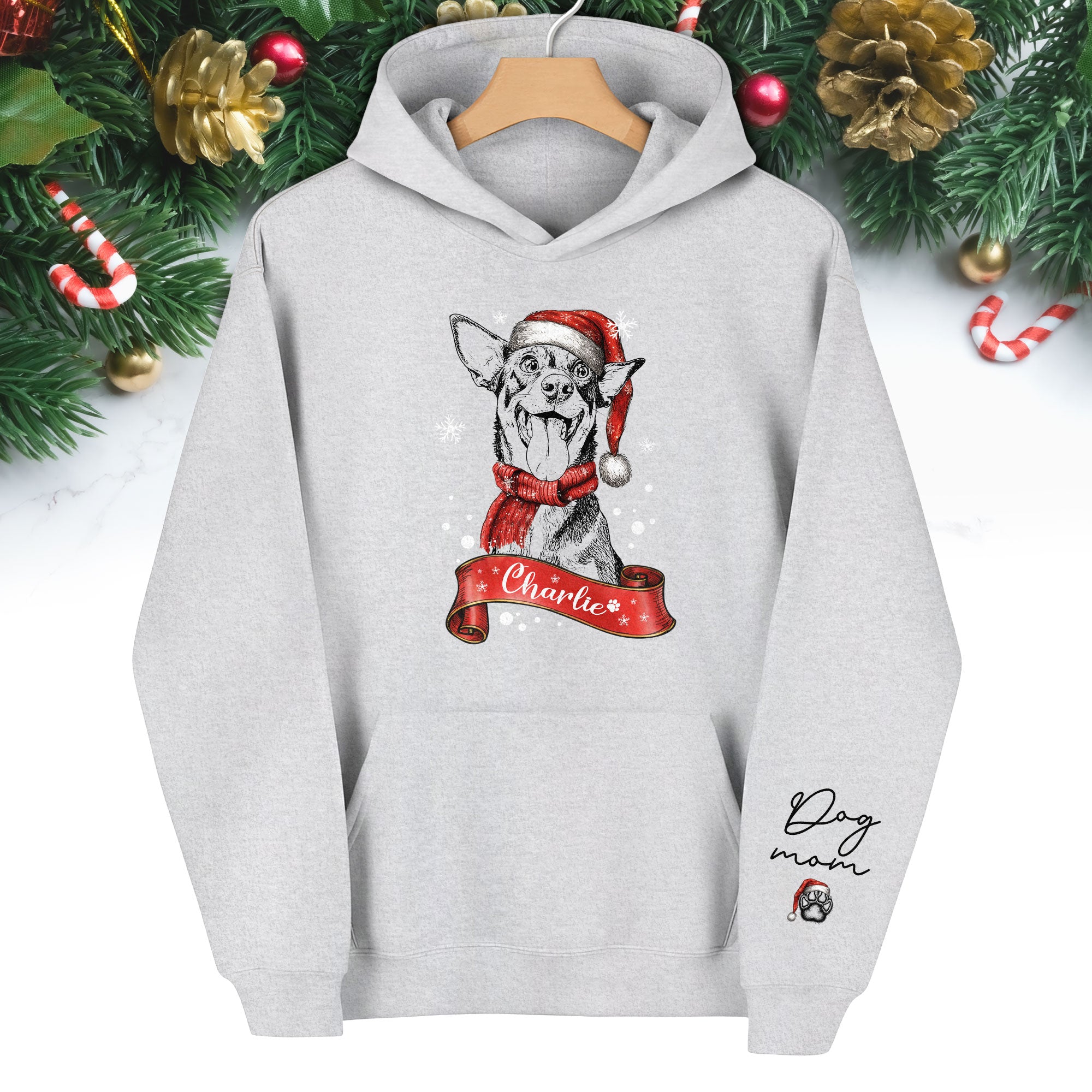 Custom Dog Mom Christmas Hoodie – Personalized Dog Photo Hoodie with Pet Name, Holiday Gift for Pet Lovers