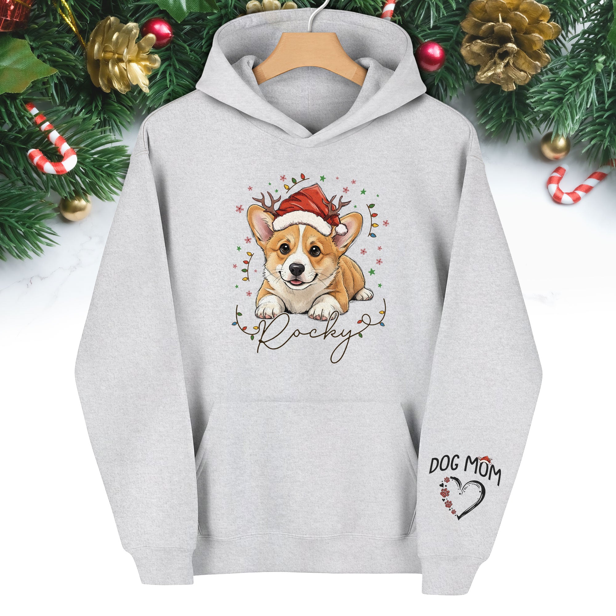 Personalized Dog Mom Christmas Hoodie – Custom Dog Photo Hoodie with Pet Name, Cute Holiday Gift for Dog Lovers