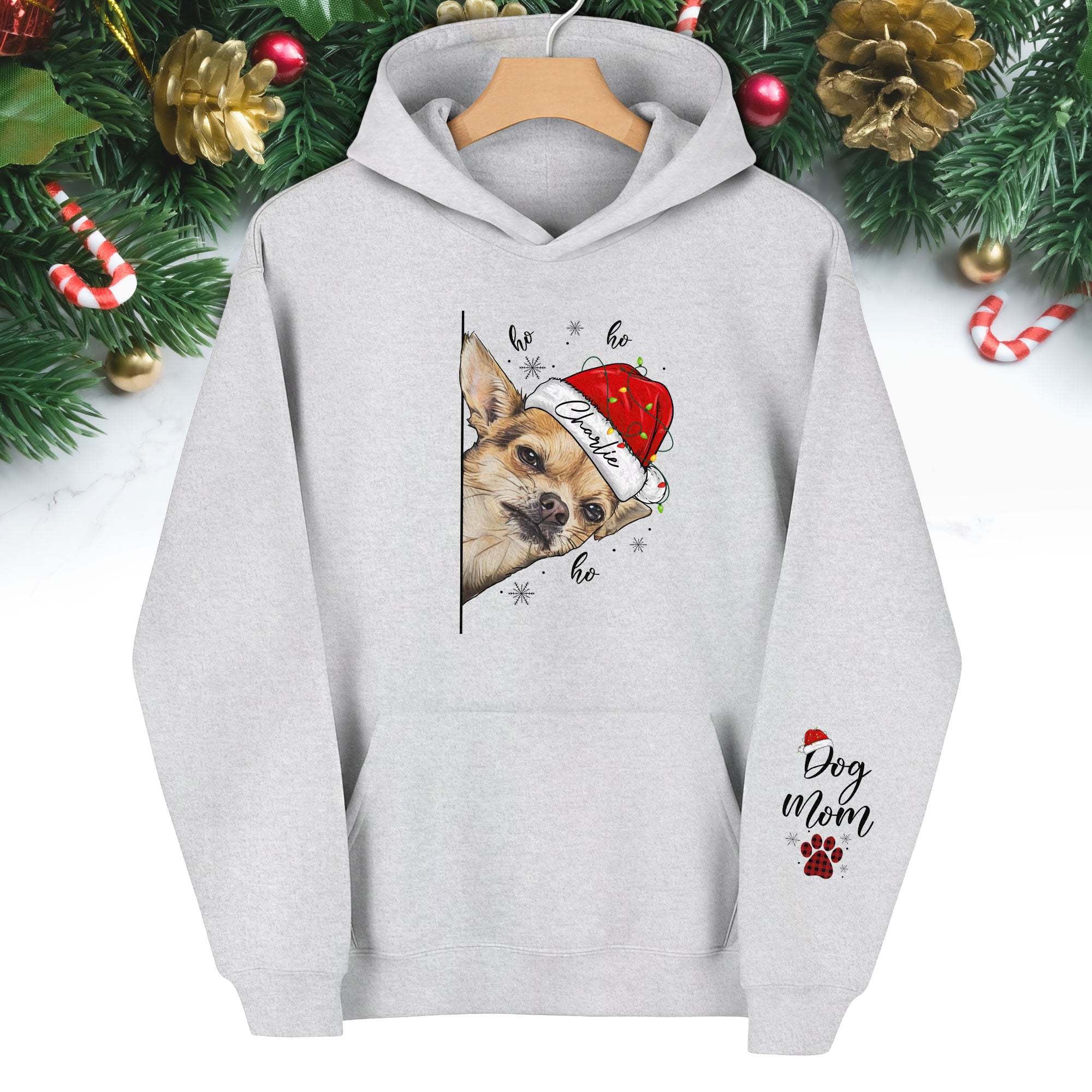 Custom Dog Mom Christmas Hoodie – Personalized Dog Photo Hoodie with Pet Name, Funny Holiday Gift for Dog Lovers