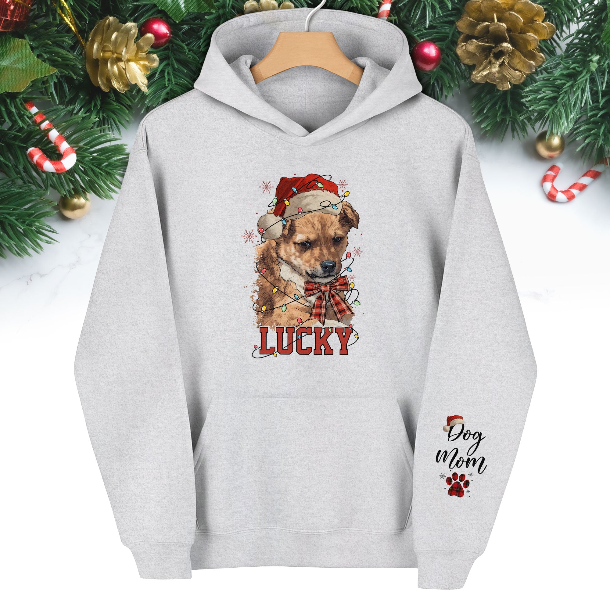 Personalized Dog Mom Christmas Hoodie – Custom Dog Photo Hoodie with Pet Name, Holiday Gift for Pet Lovers