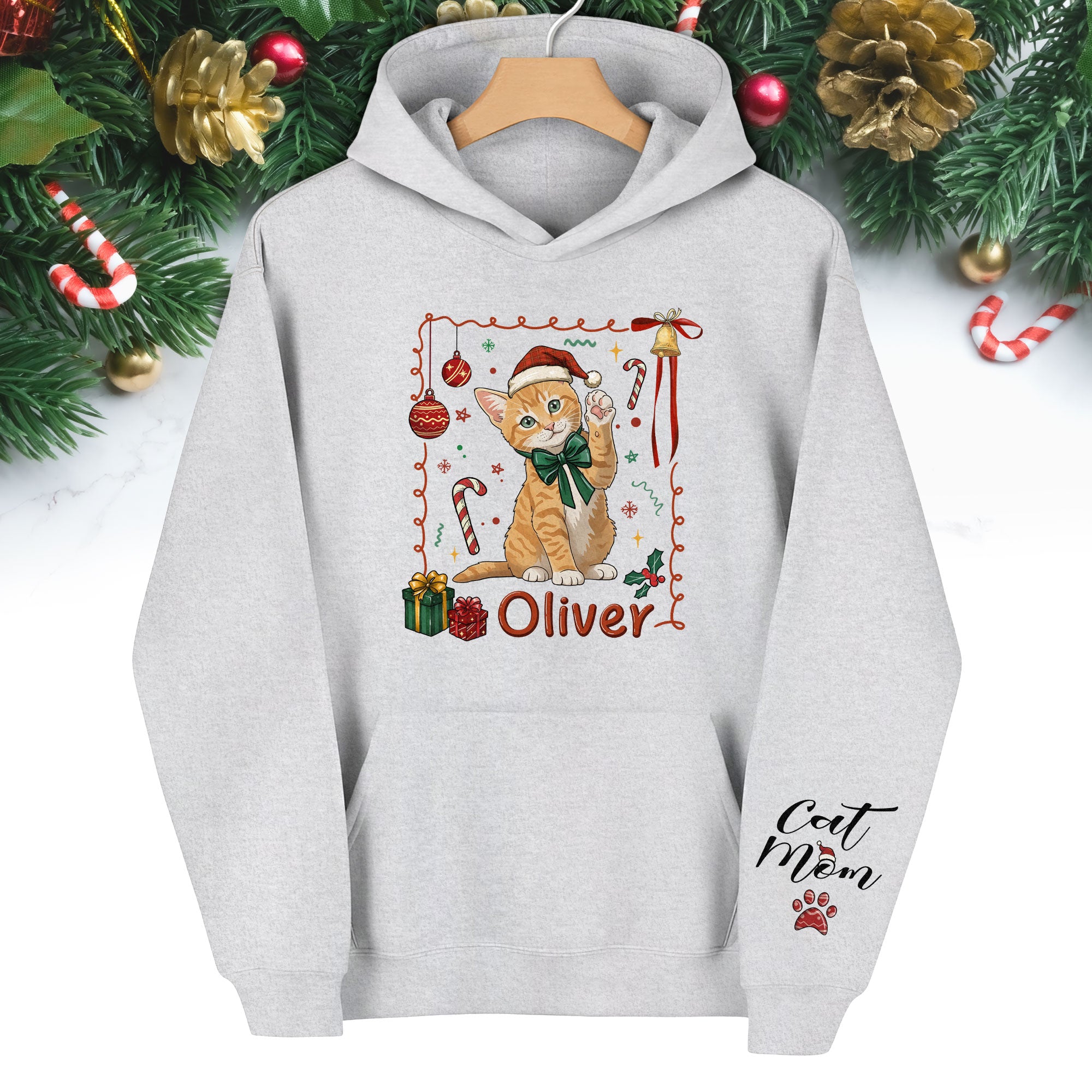 Custom Cat Christmas Hoodie – Personalized Pet Portrait Gift for Cat Moms