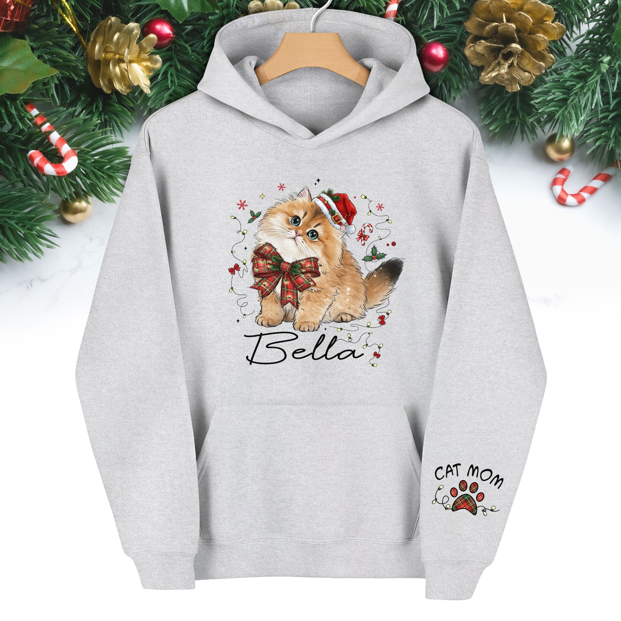 Personalized Cat Portrait Christmas Hoodie – Custom Pet Photo Gift for Cat Moms