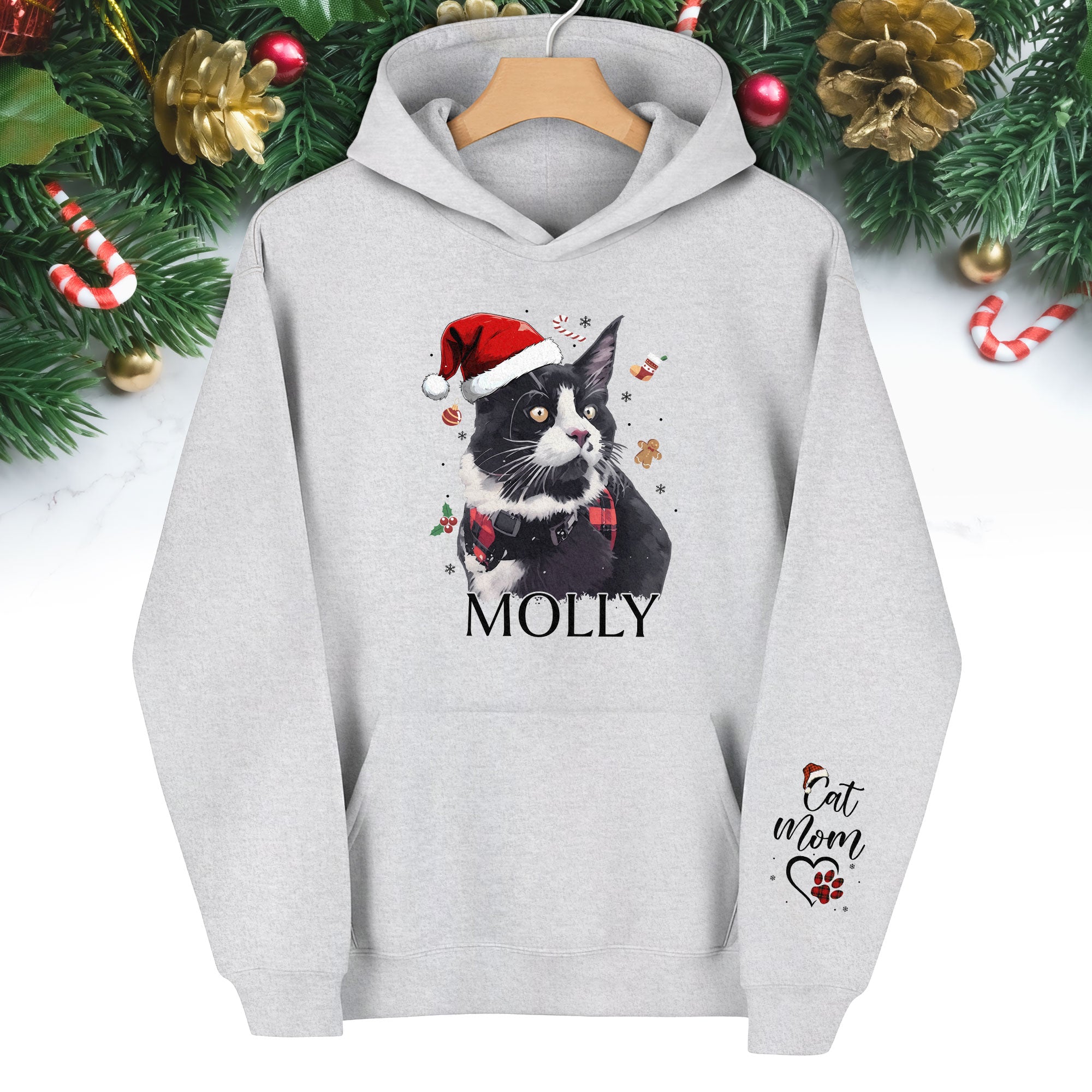 Custom Cat Photo Hoodie – Personalized Holiday Hoodie with Cat Design for Cat Moms