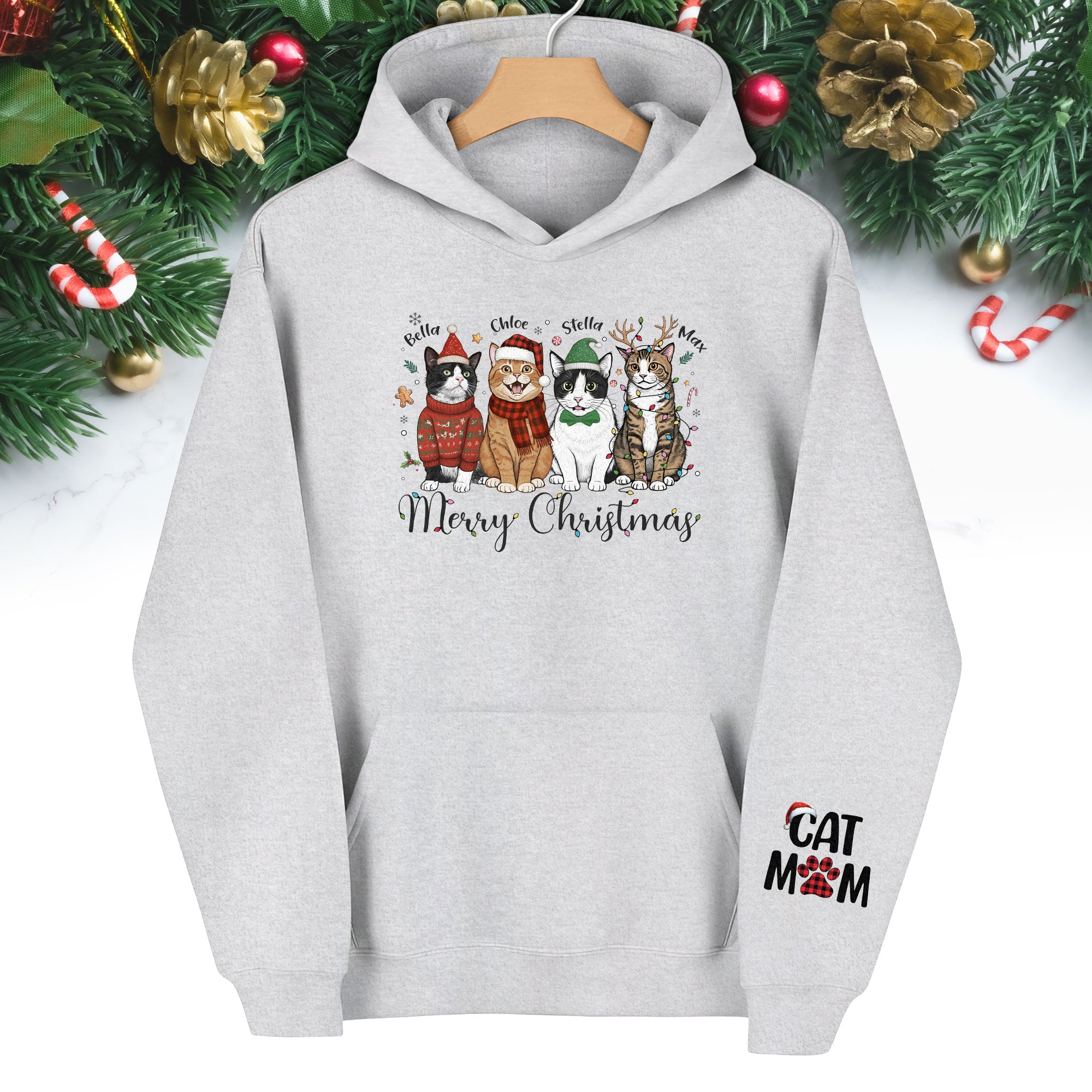 Custom Pet Christmas Hoodie – Personalized Cat Photo Hoodie for Pet Moms