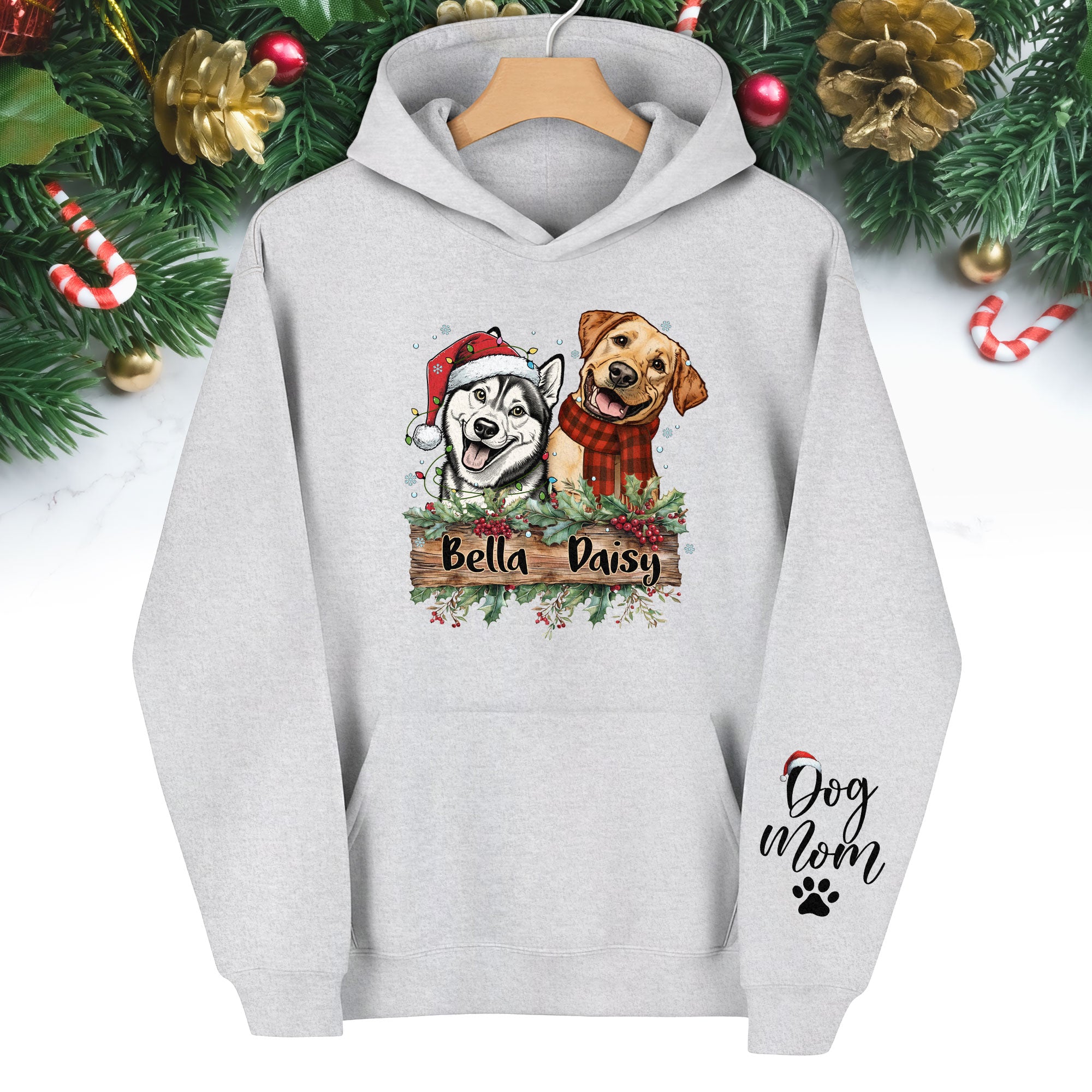 Dog Mom Christmas Hoodie – Custom Pet Photo Hoodie, Personalized Holiday Gift for Dog Mom