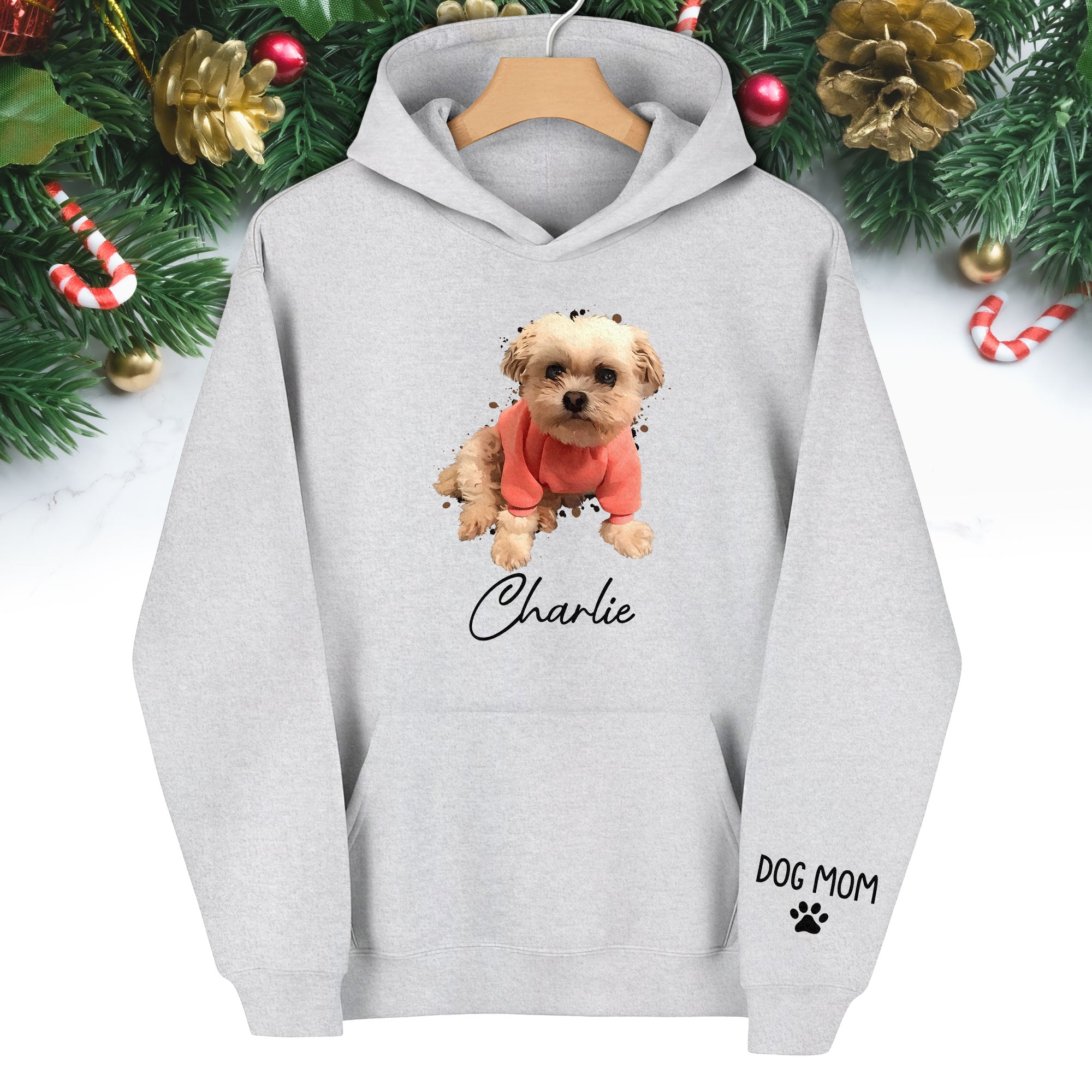 Personalized Dog Mom Hoodie – Custom Dog Photo Hoodie with Pet Name, Unique Holiday Gift for Pet Lovers