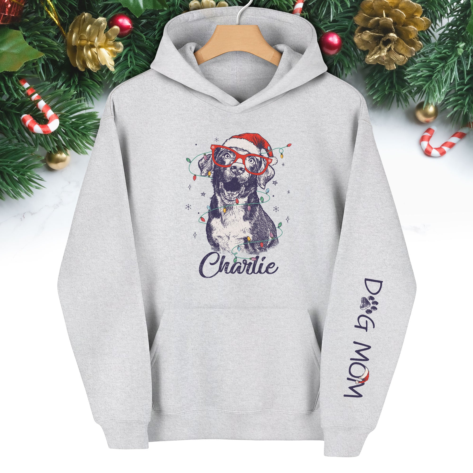 Personalized Dog Mom Hoodie – Custom Dog Photo Hoodie with Holiday Design