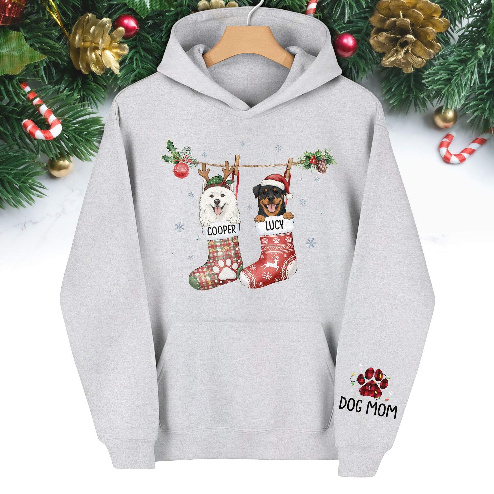 Custom Christmas Dog Hoodie – Personalized Holiday Hoodie with Your Dog’s Photo in Festive Stockings