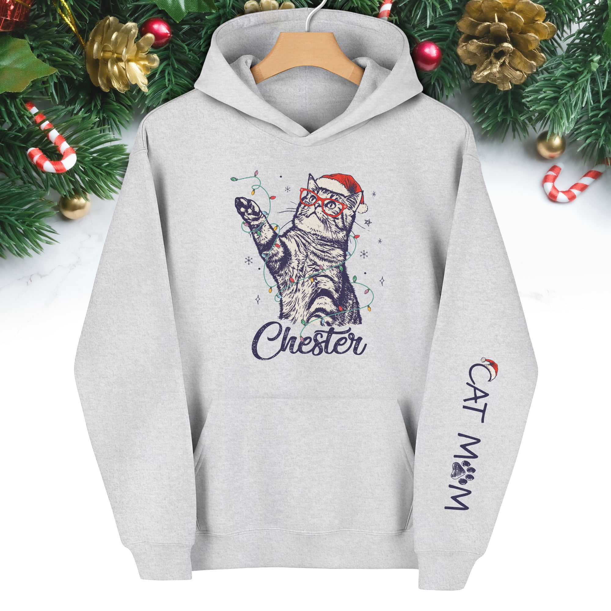 Christmas Cat Mom Hoodie – Personalized Cat Photo Hoodie, Custom Holiday Gift for Women