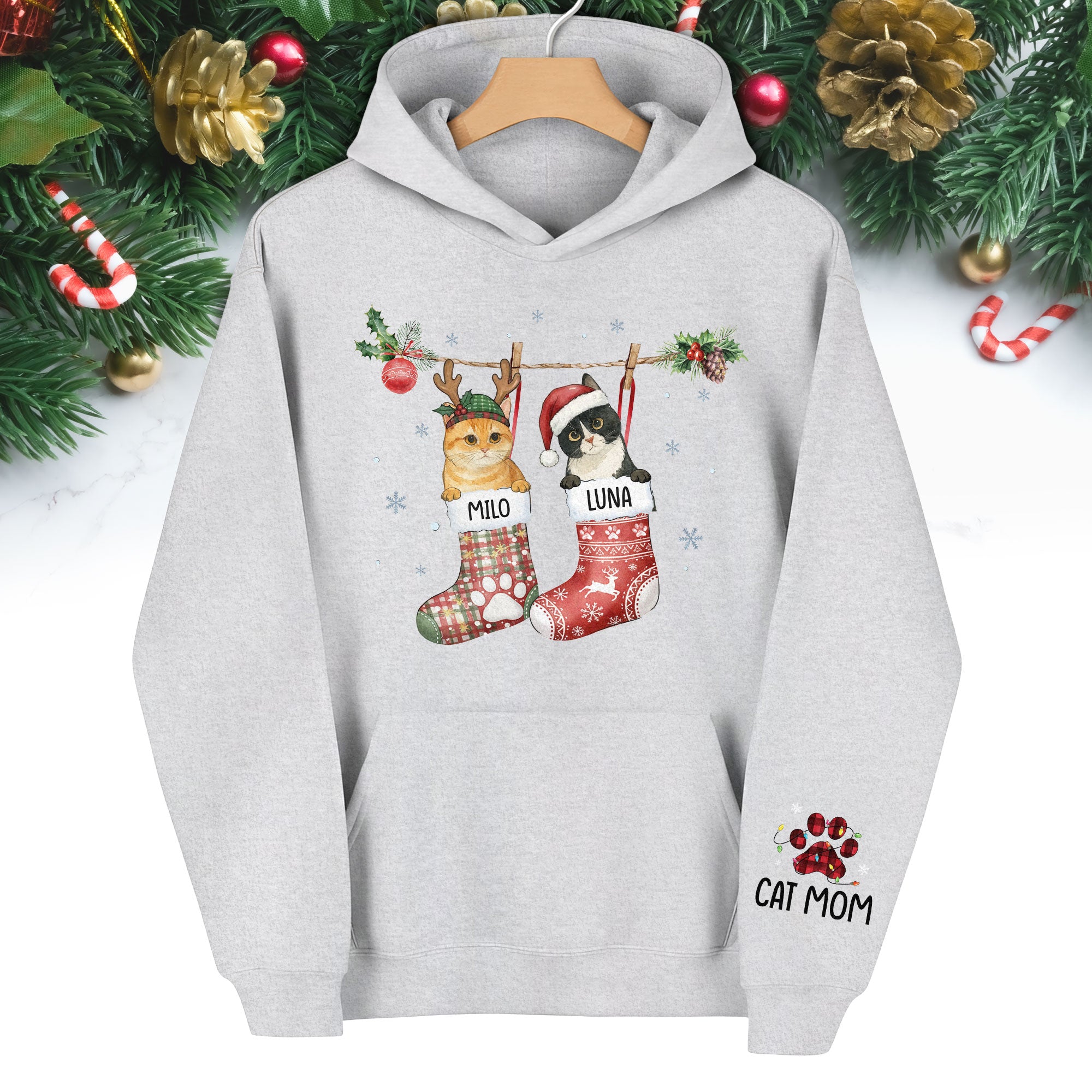 Christmas Cat Lover Hoodie – Custom Pet Photo Hoodie, Personalized Gift for Women