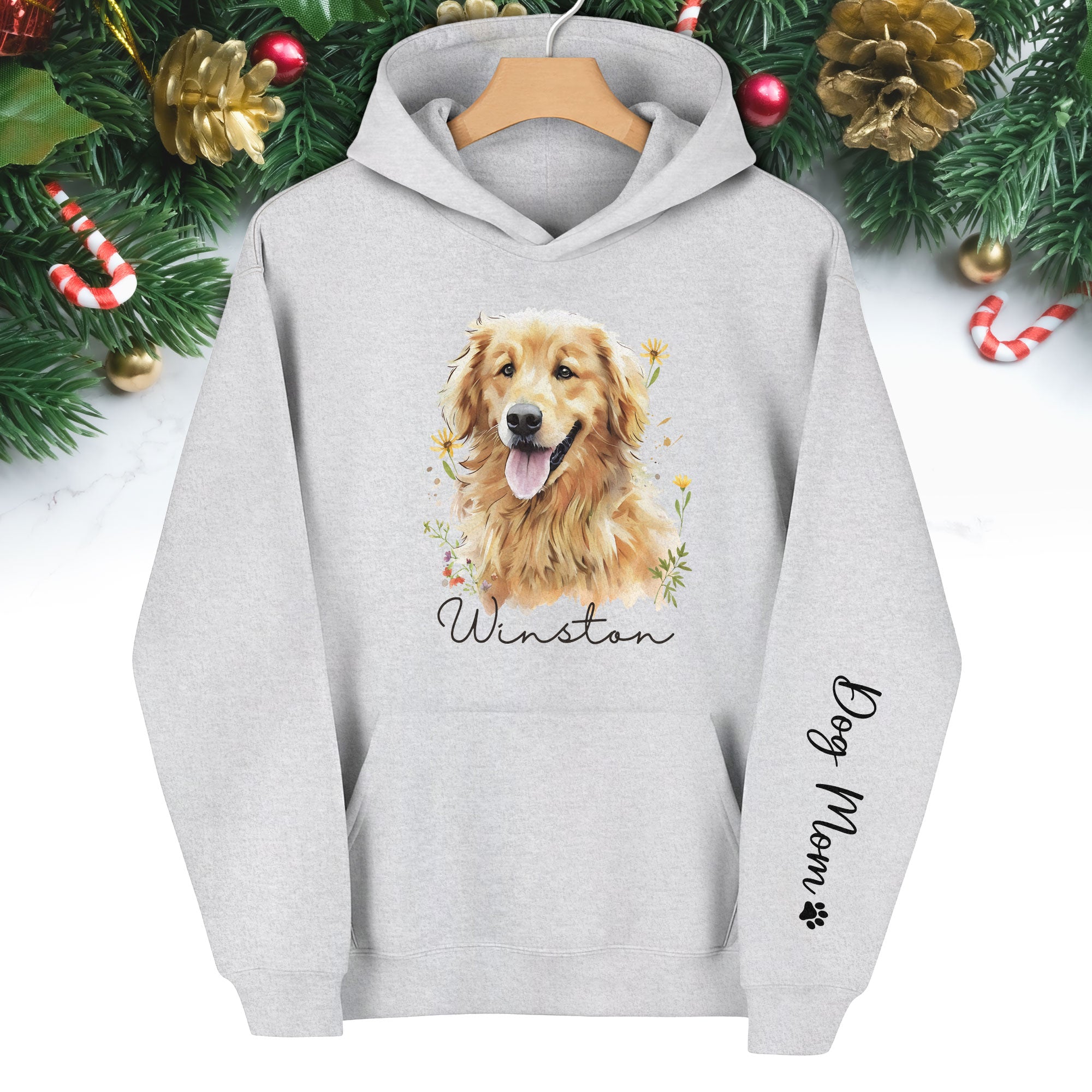Custom Pet Photo Hoodie – Personalized Dog Portrait with Floral Design, Dog Mom Gift