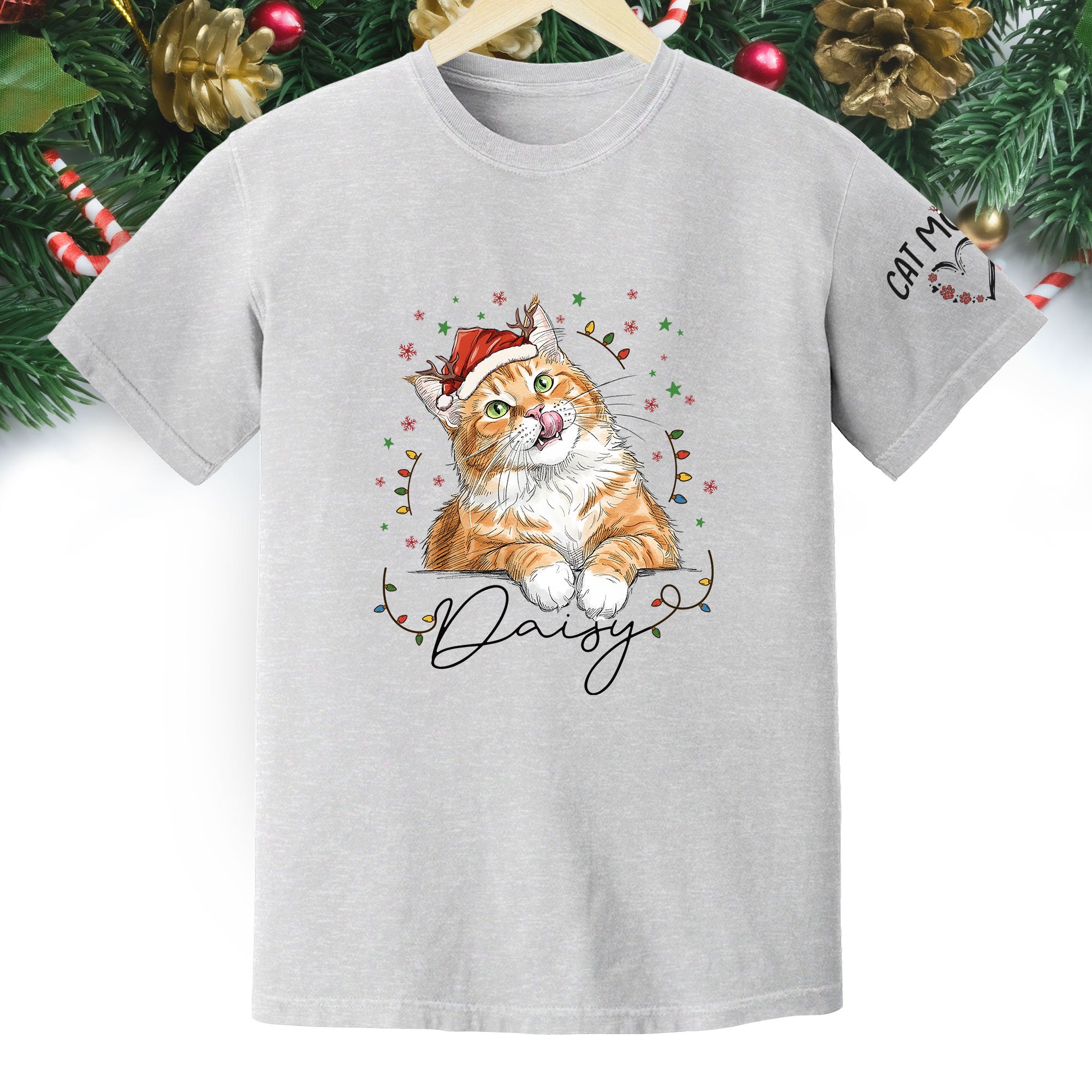Christmas Cat T-Shirt – Custom Pet Photo Tee, Personalized Holiday Gift for Cat Lovers