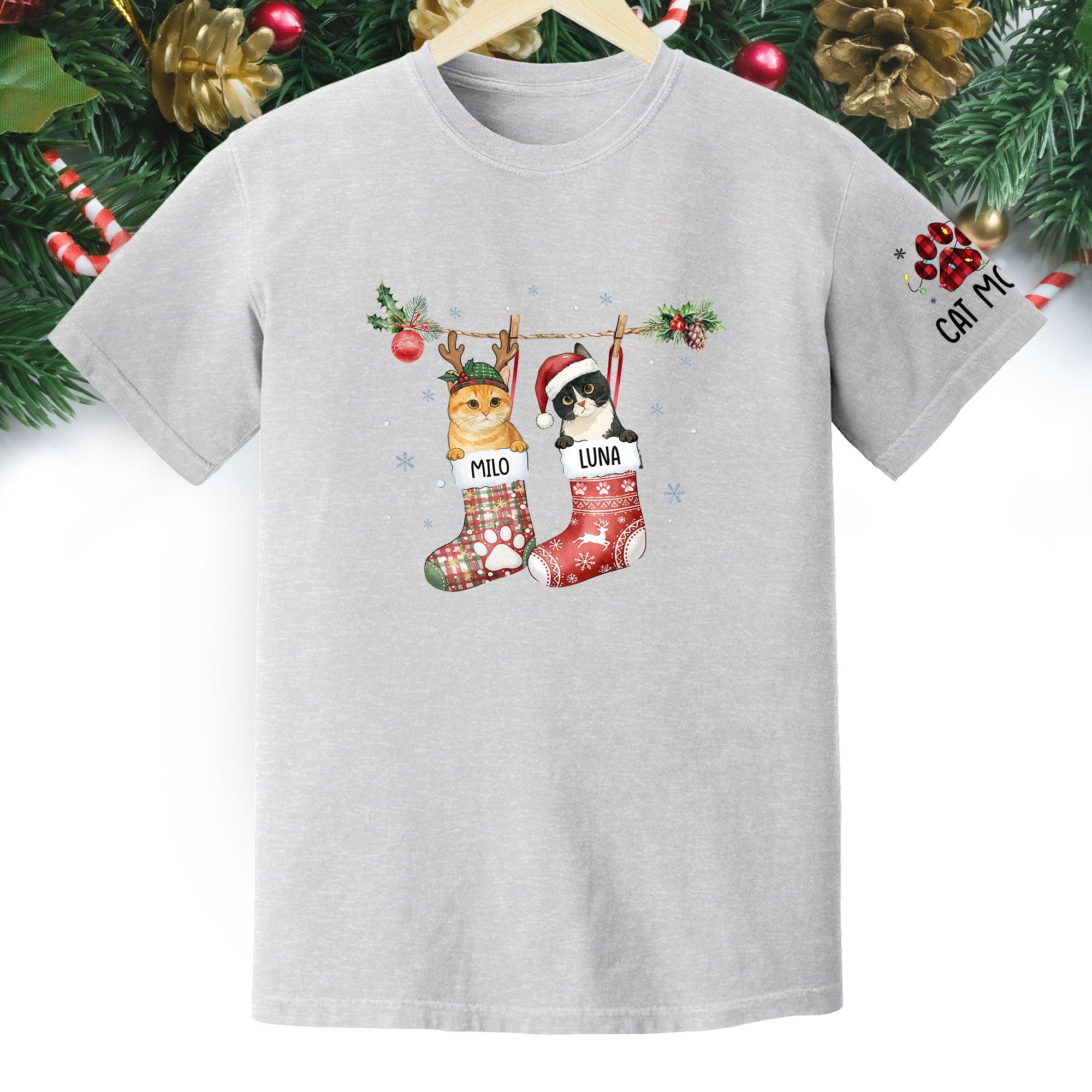 Personalized Cat Photo Christmas T-Shirt – Custom Pet Lover Gift for Cat Mom, Holiday Tee