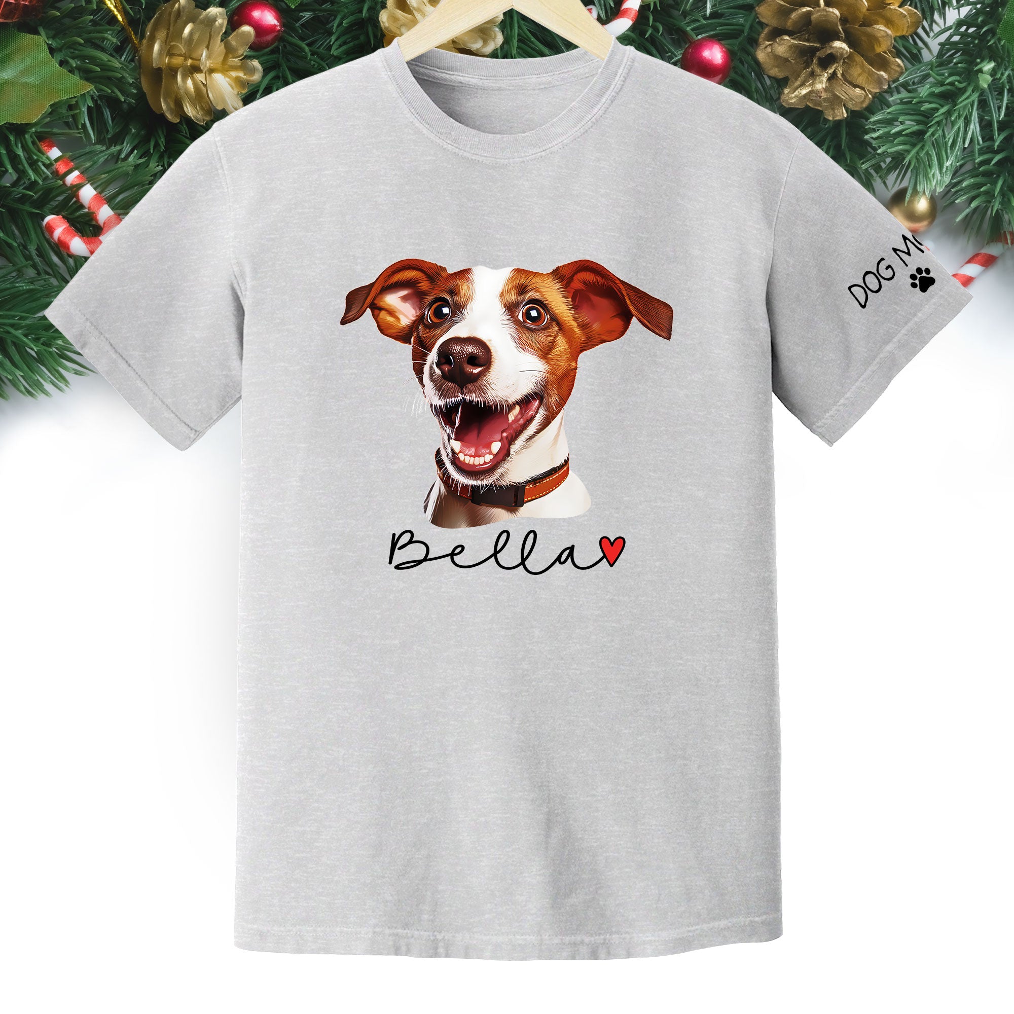 Dog Mom Christmas Shirt – Custom Pet Portrait Tee, Personalized Holiday Gift for Women