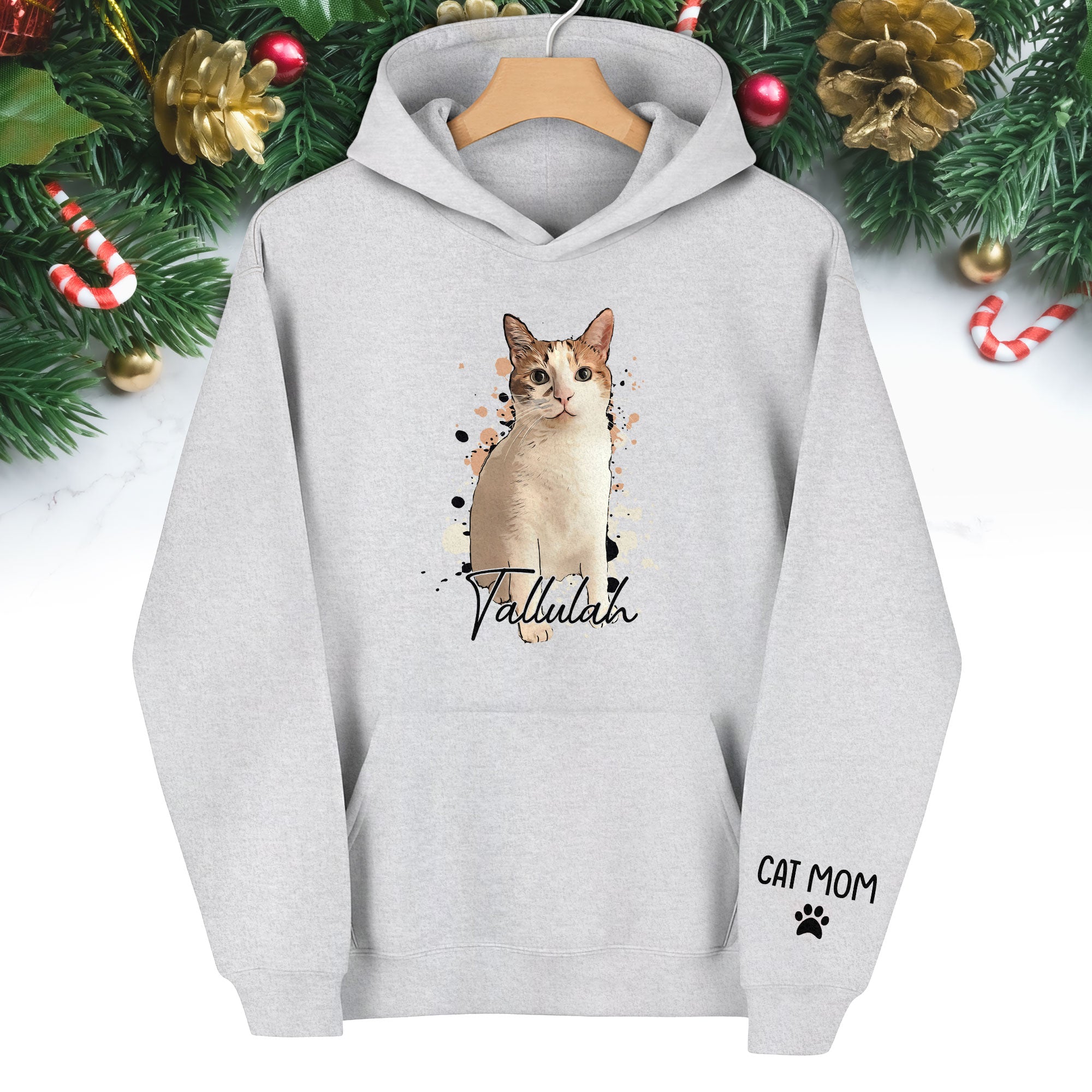 Personalized Cat Mom Hoodie – Custom Cat Photo Hoodie with Pet Name, Unique Holiday Gift for Cat Lovers