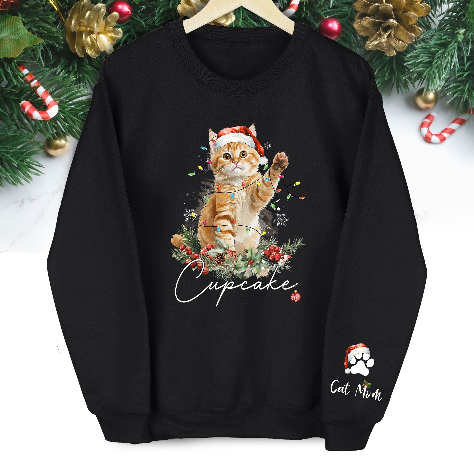 Custom Cat Christmas Sweatshirt – Personalized Holiday Pet Portrait Gift for Cat Moms