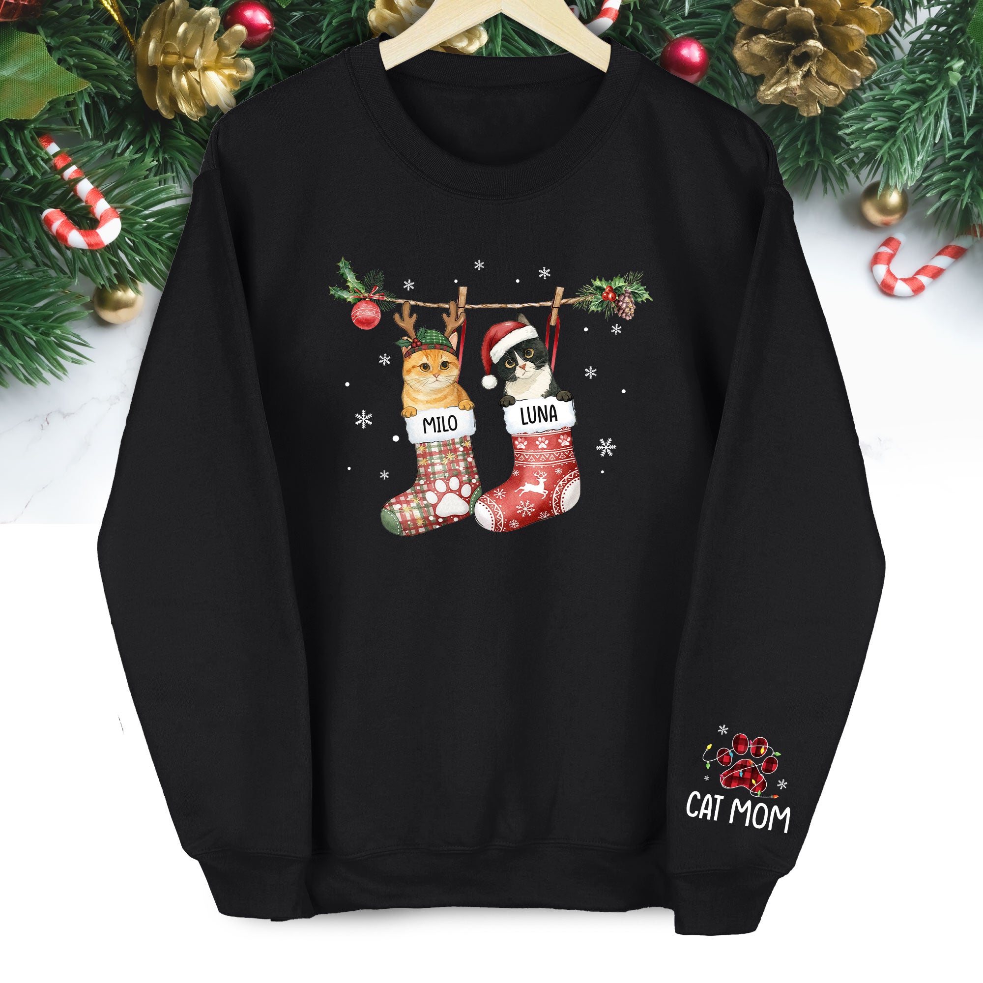Custom Cats Christmas Sweatshirt – Personalized Pet Stocking Holiday Gift for Cat Moms