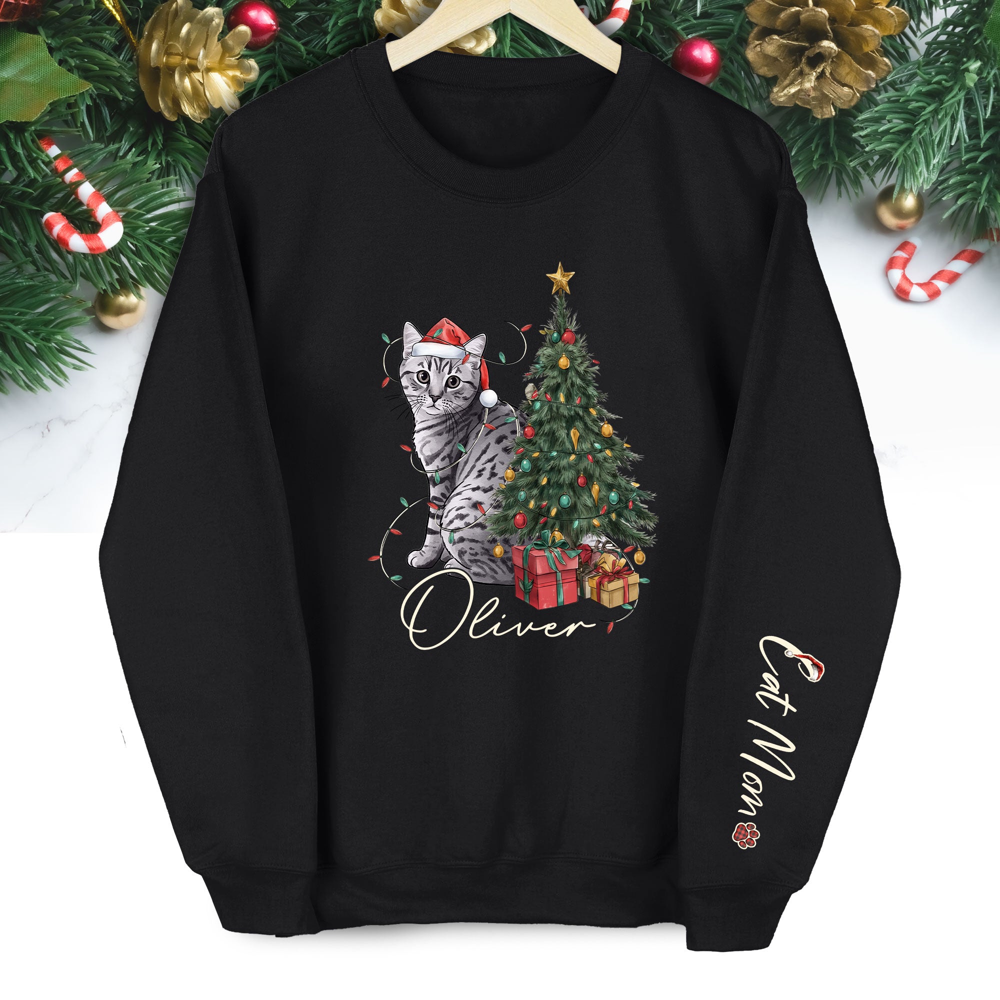Custom Cat Christmas Sweatshirt – Personalized Gift for Cat Mom & Pet Lovers