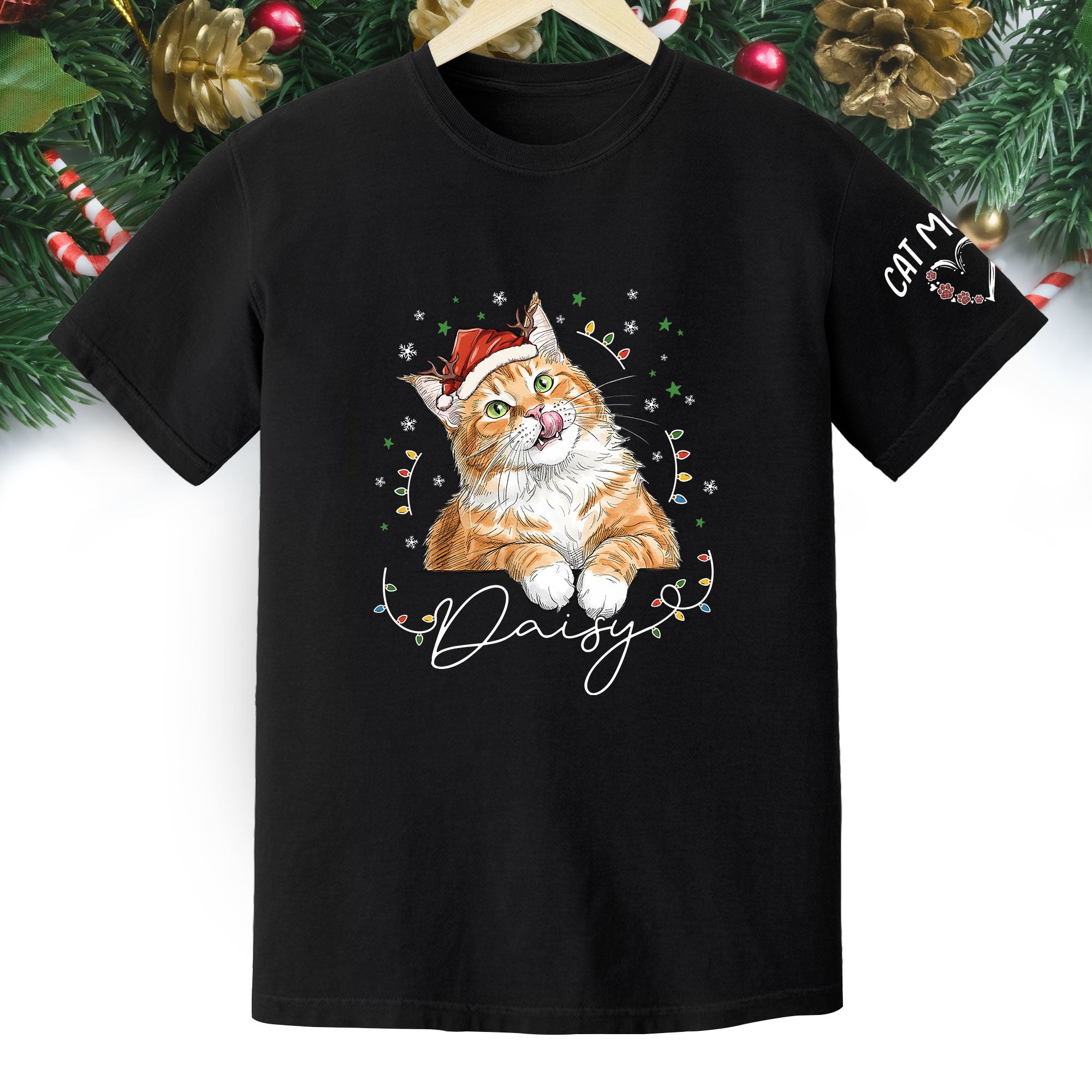 Christmas Cat T-Shirt – Custom Pet Photo Tee, Personalized Holiday Gift for Cat Lovers