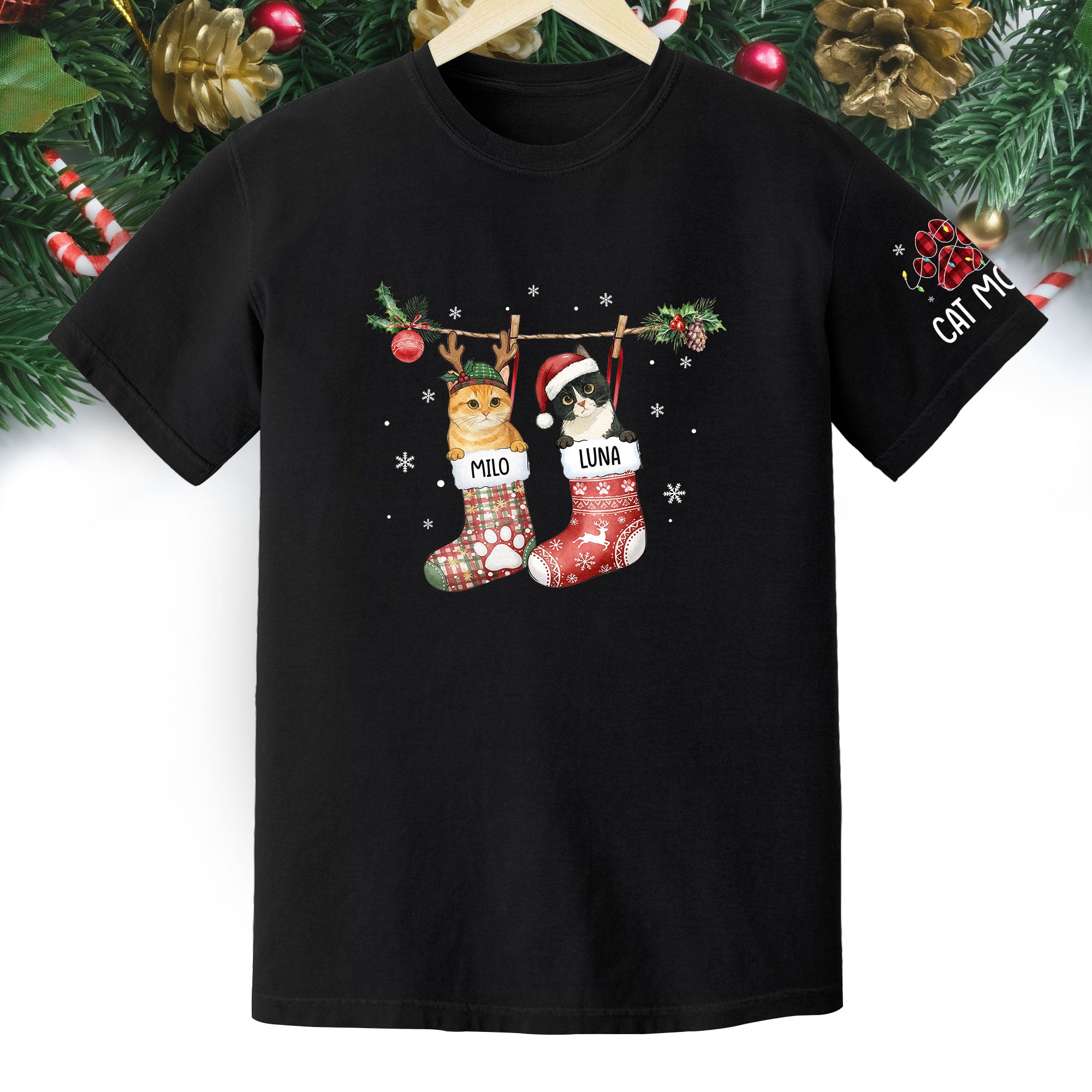 Personalized Cat Photo Christmas T-Shirt – Custom Pet Lover Gift for Cat Mom, Holiday Tee