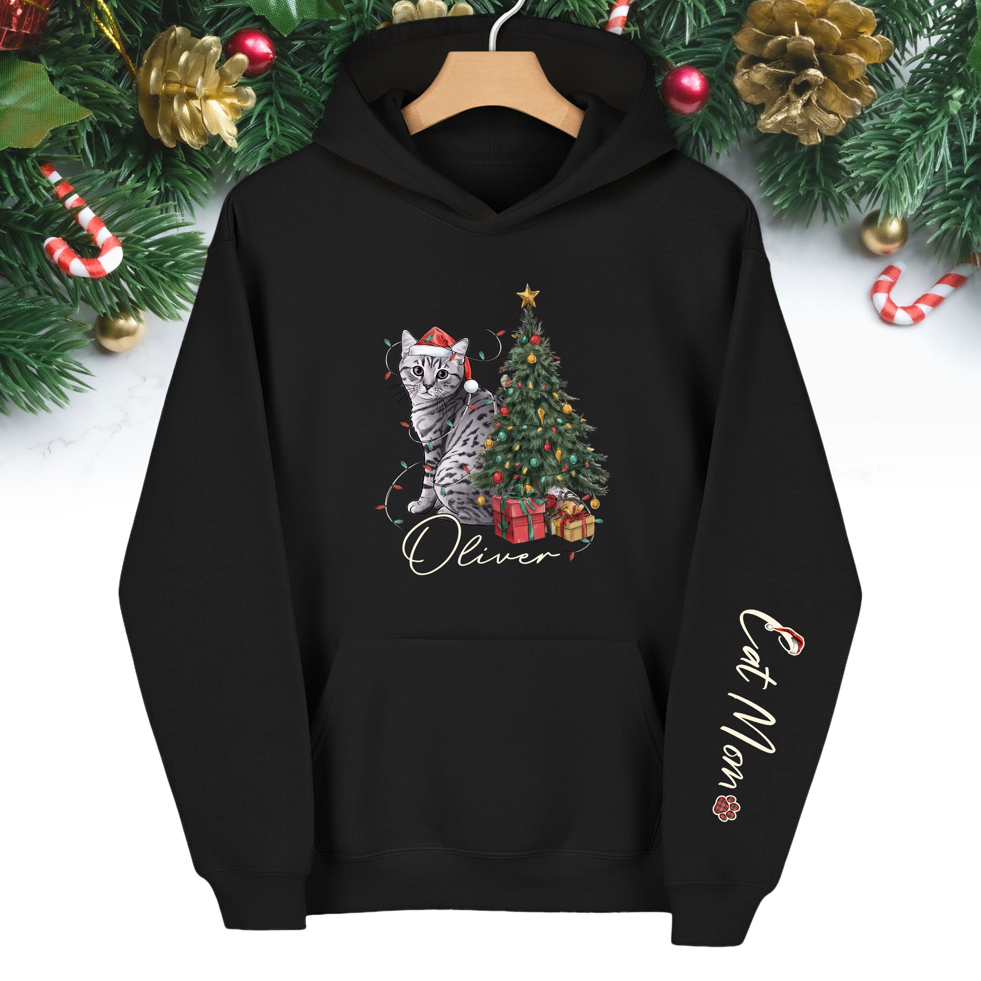 Personalized Cat Mom Christmas Hoodie – Custom Pet Photo Hoodie with Cat Name, Holiday Gift for Cat Lovers
