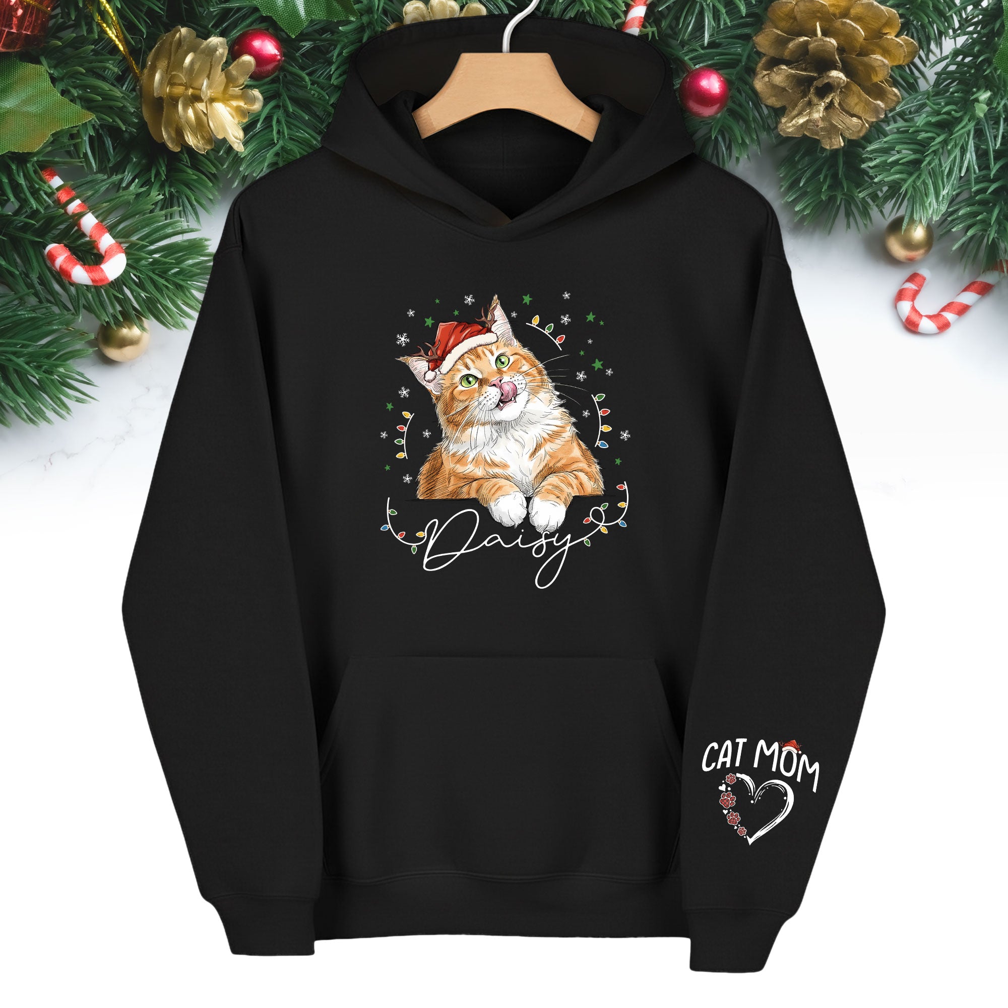 Personalized Cat Mom Christmas Hoodie – Custom Cat Photo Hoodie with Pet Name, Cute Holiday Gift for Cat Lovers