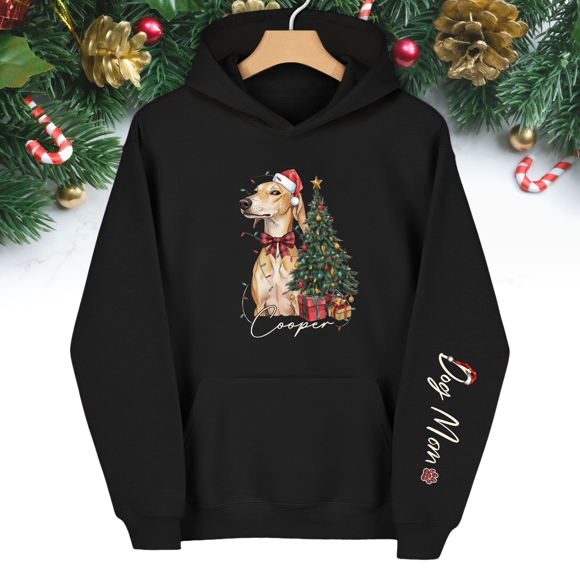 Personalized Dog Mom Christmas Hoodie, Custom Dog Photo Hoodie with Pet Name, Holiday Gift for Pet Lovers
