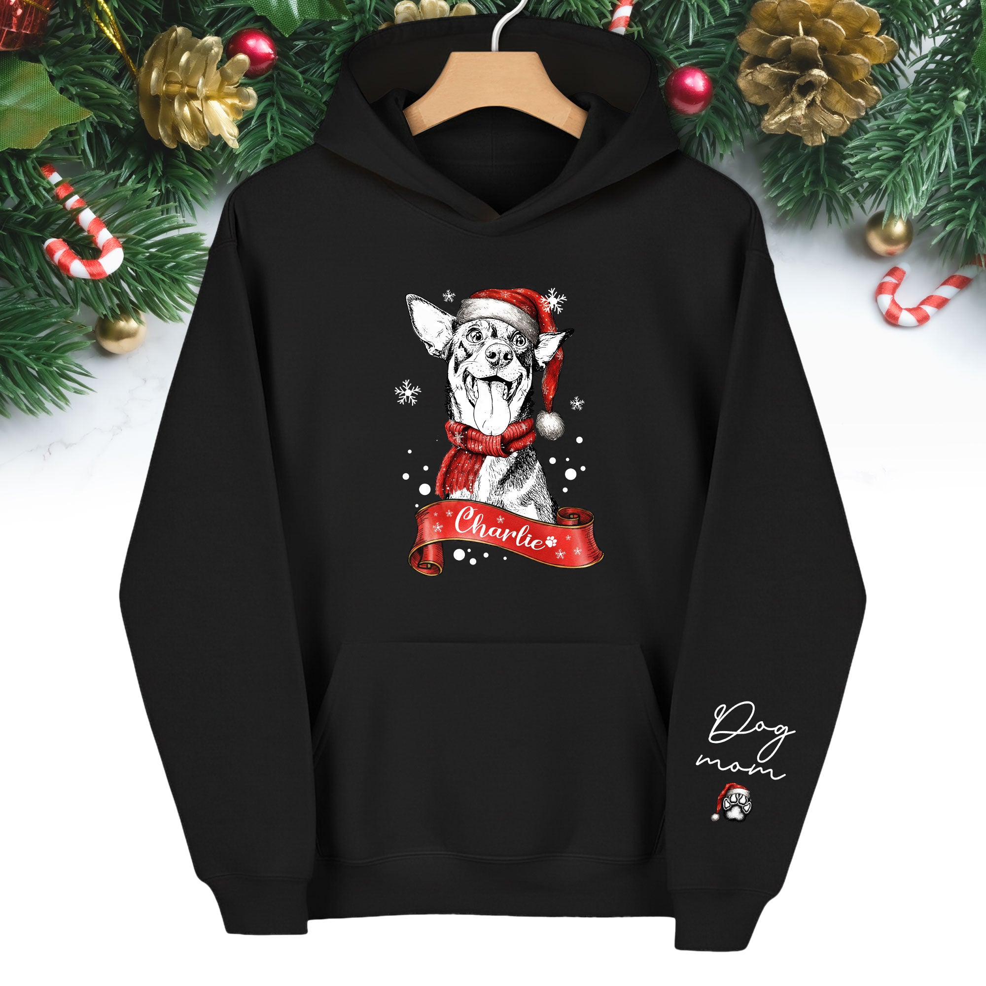 Custom Dog Mom Christmas Hoodie – Personalized Dog Photo Hoodie with Pet Name, Holiday Gift for Pet Lovers