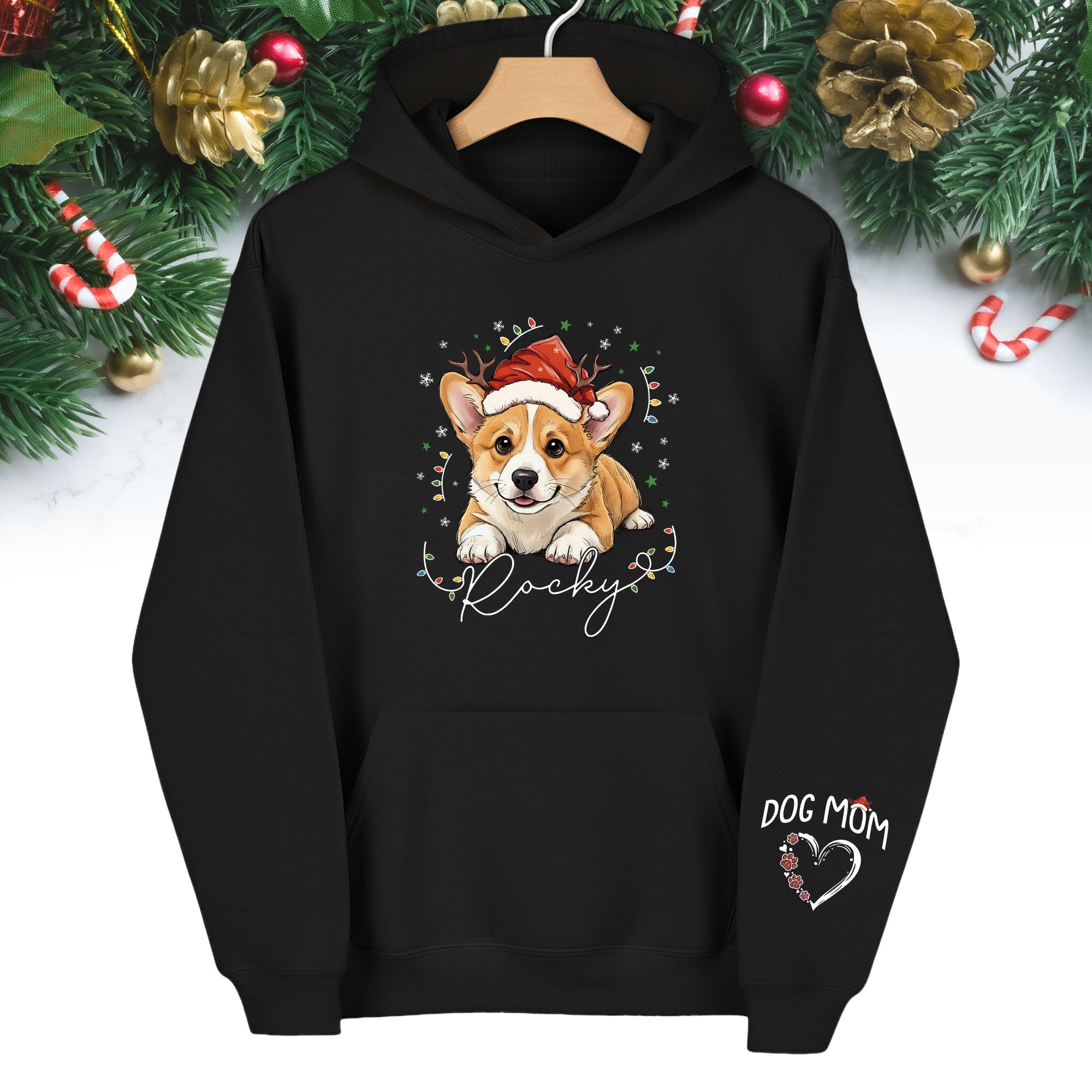 Personalized Dog Mom Christmas Hoodie – Custom Dog Photo Hoodie with Pet Name, Cute Holiday Gift for Dog Lovers
