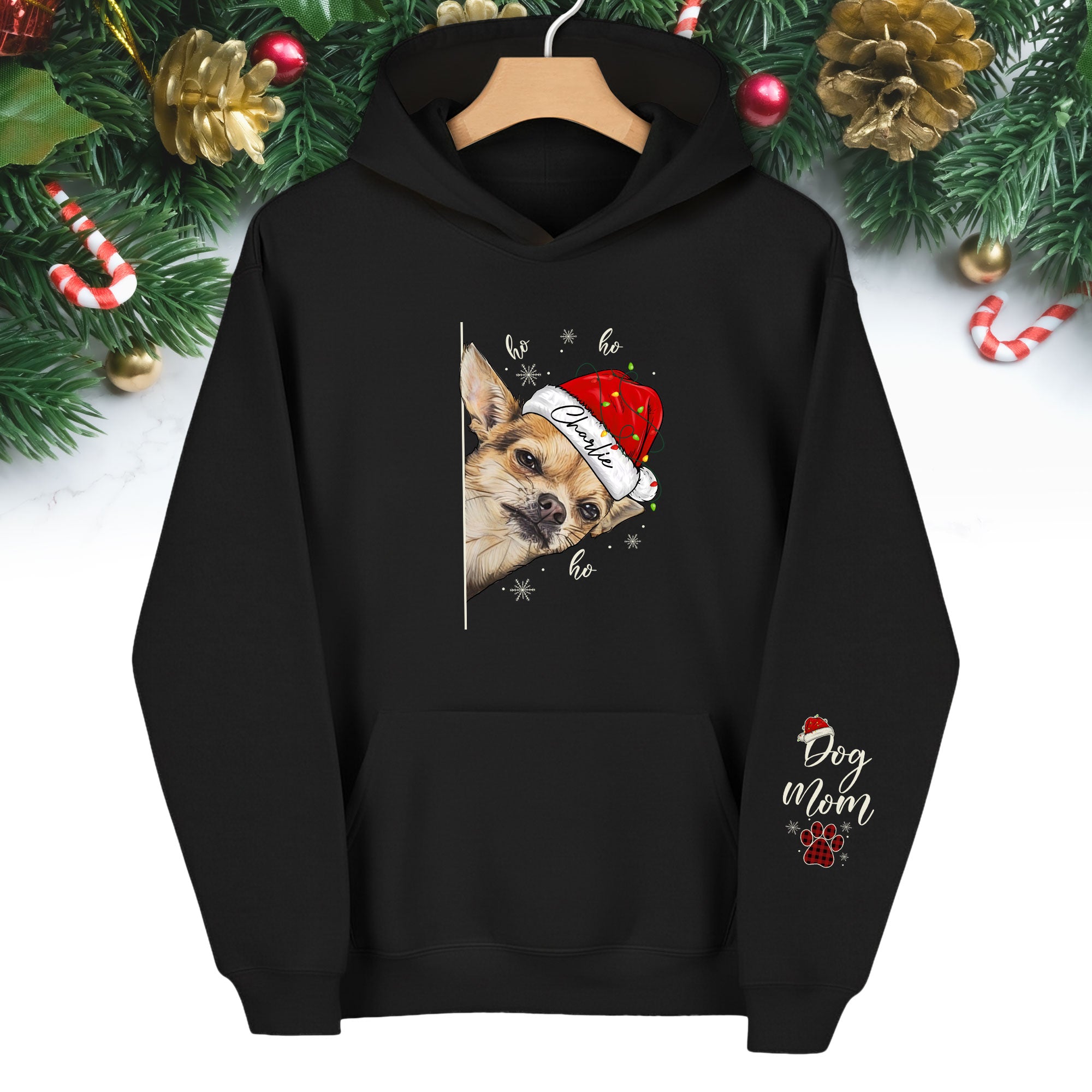 Custom Dog Mom Christmas Hoodie – Personalized Dog Photo Hoodie with Pet Name, Funny Holiday Gift for Dog Lovers