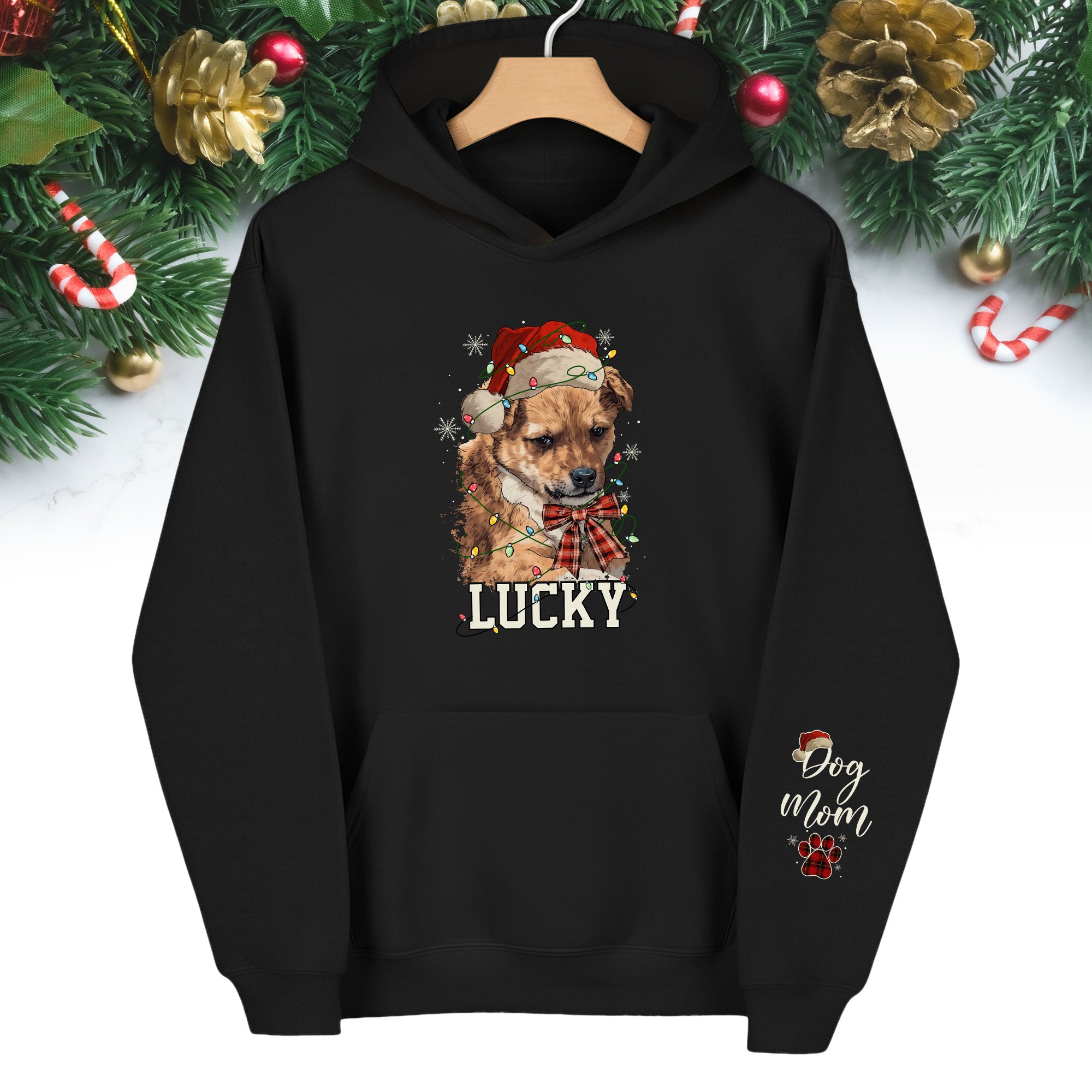 Personalized Dog Mom Christmas Hoodie – Custom Dog Photo Hoodie with Pet Name, Holiday Gift for Pet Lovers