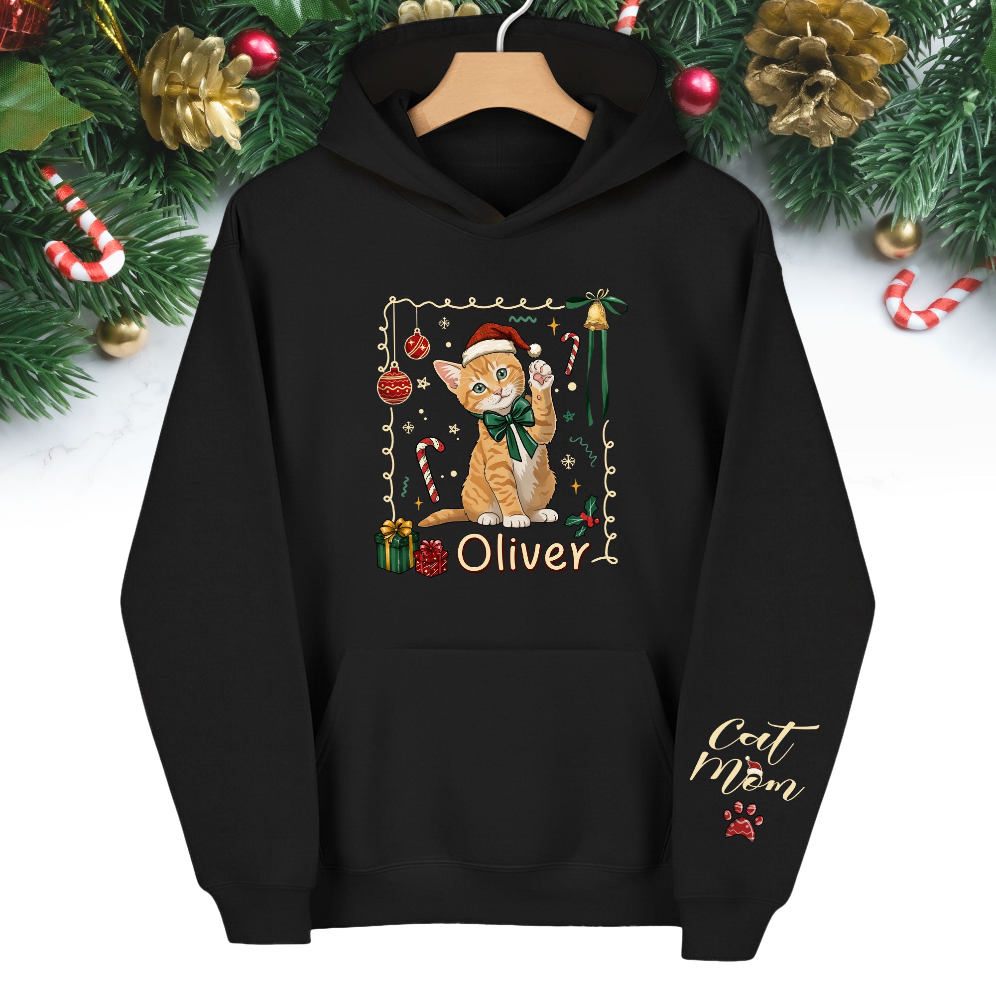 Custom Cat Christmas Hoodie – Personalized Pet Portrait Gift for Cat Moms