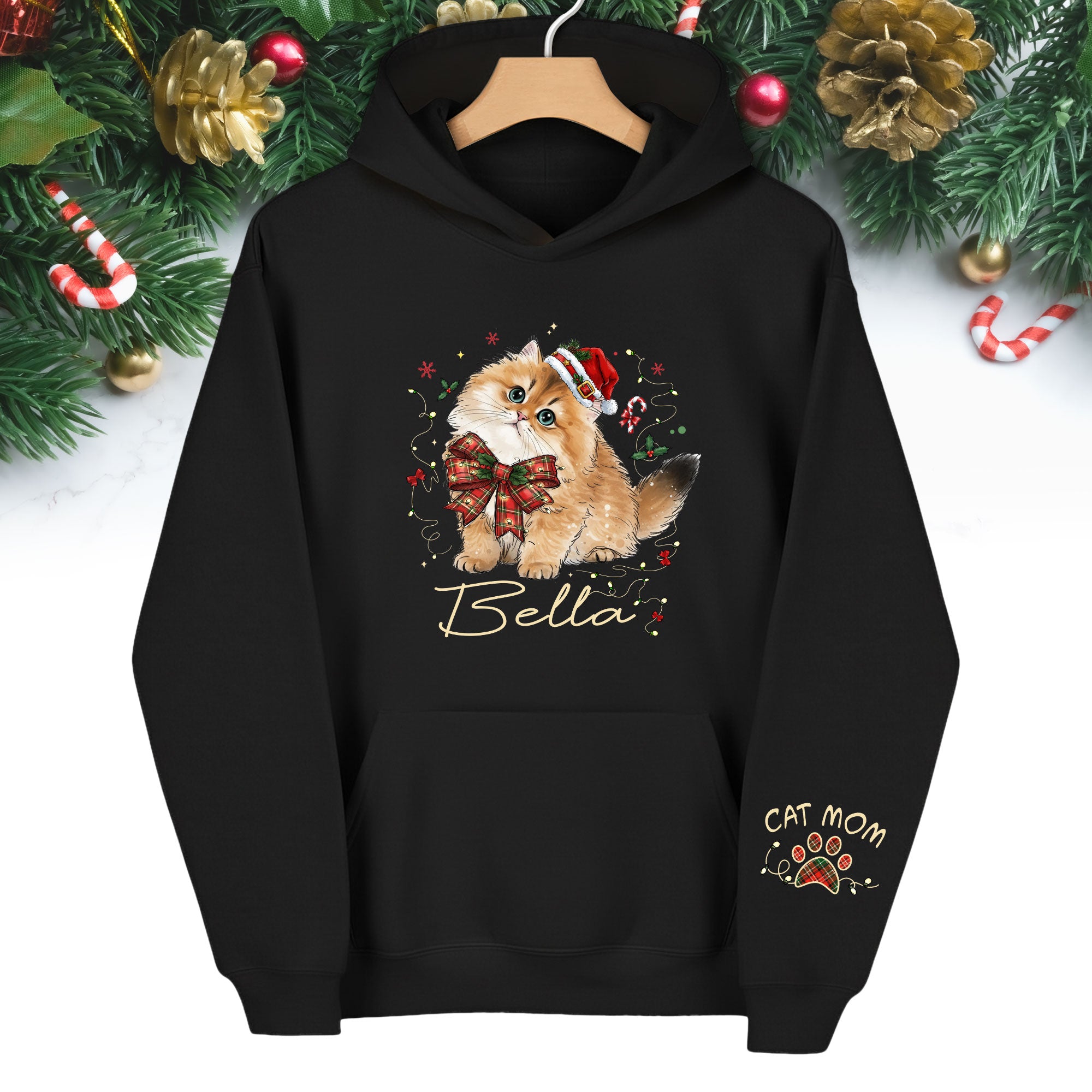 Personalized Cat Portrait Christmas Hoodie – Custom Pet Photo Gift for Cat Moms