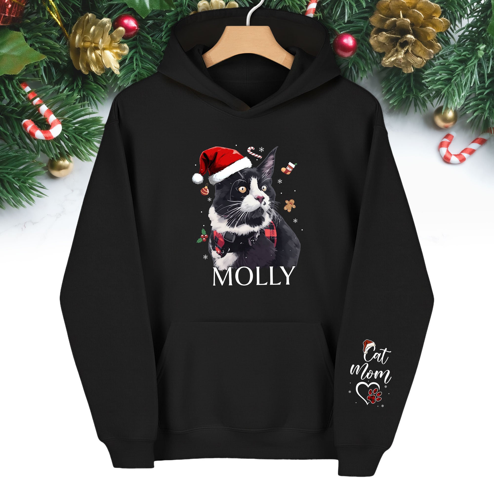 Custom Cat Photo Hoodie – Personalized Holiday Hoodie with Cat Design for Cat Moms