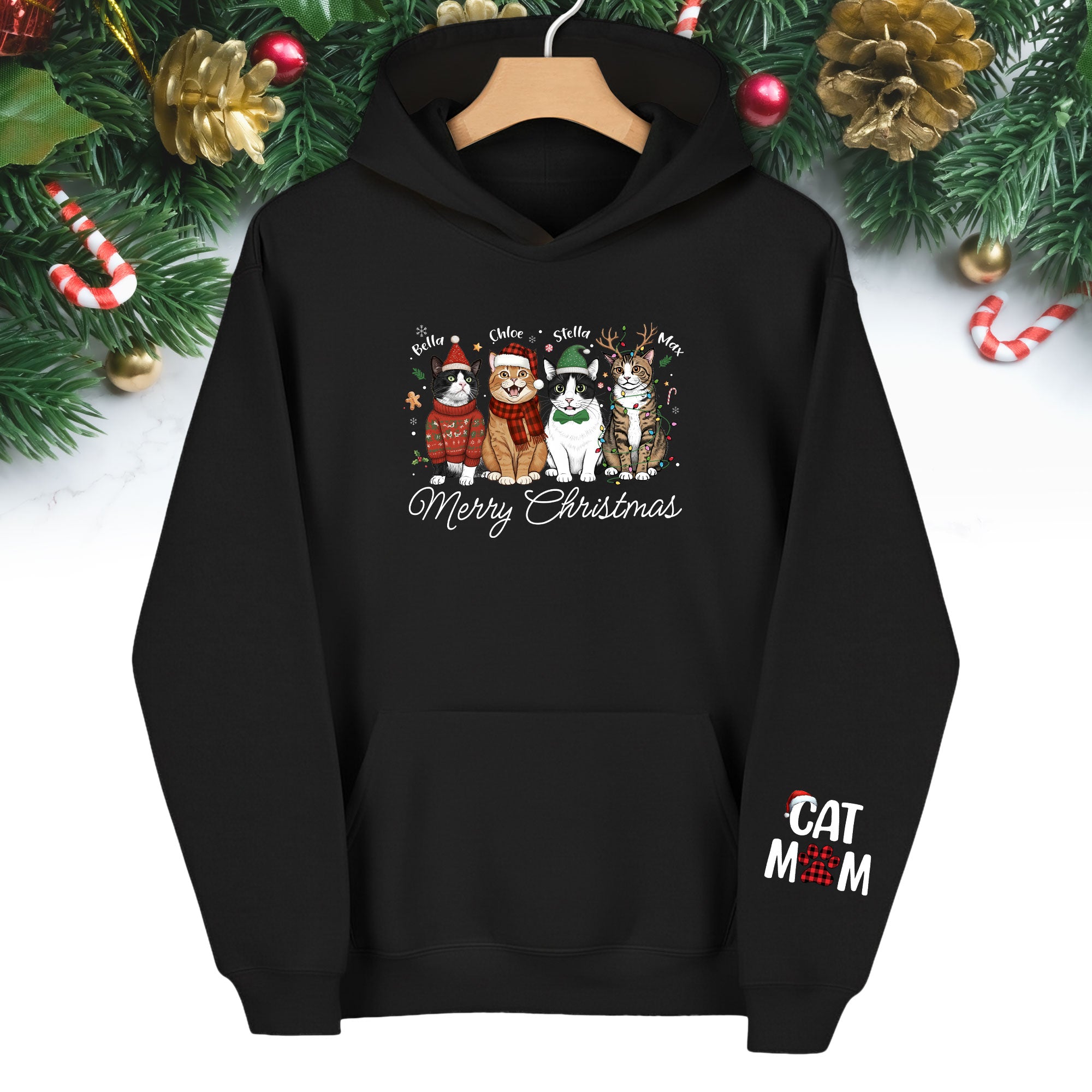 Custom Pet Christmas Hoodie – Personalized Cat Photo Hoodie for Pet Moms