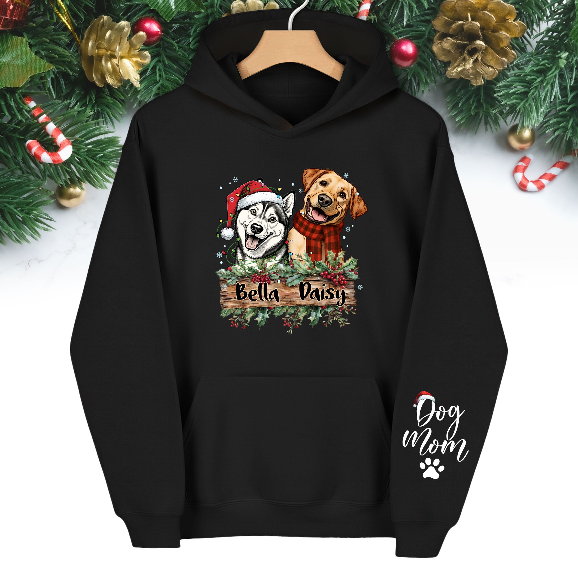 Dog Mom Christmas Hoodie – Custom Pet Photo Hoodie, Personalized Holiday Gift for Dog Mom