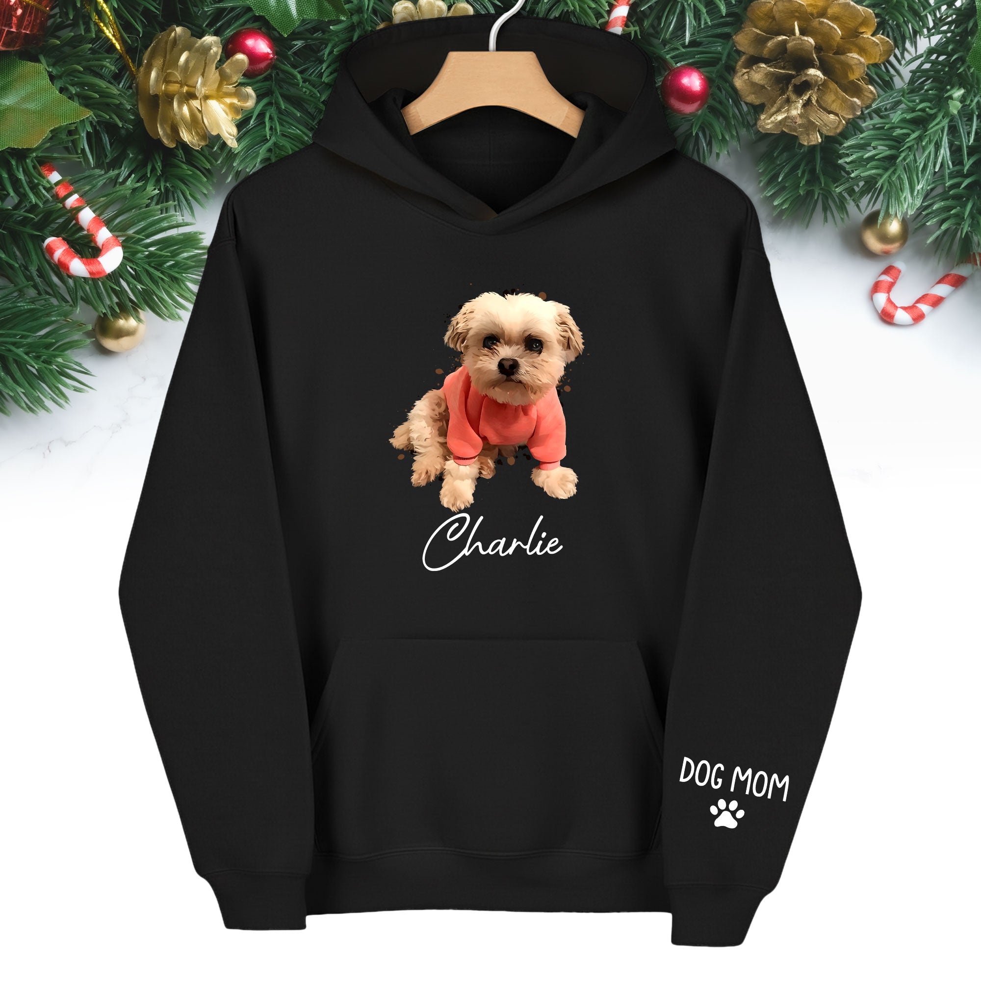 Personalized Dog Mom Hoodie – Custom Dog Photo Hoodie with Pet Name, Unique Holiday Gift for Pet Lovers